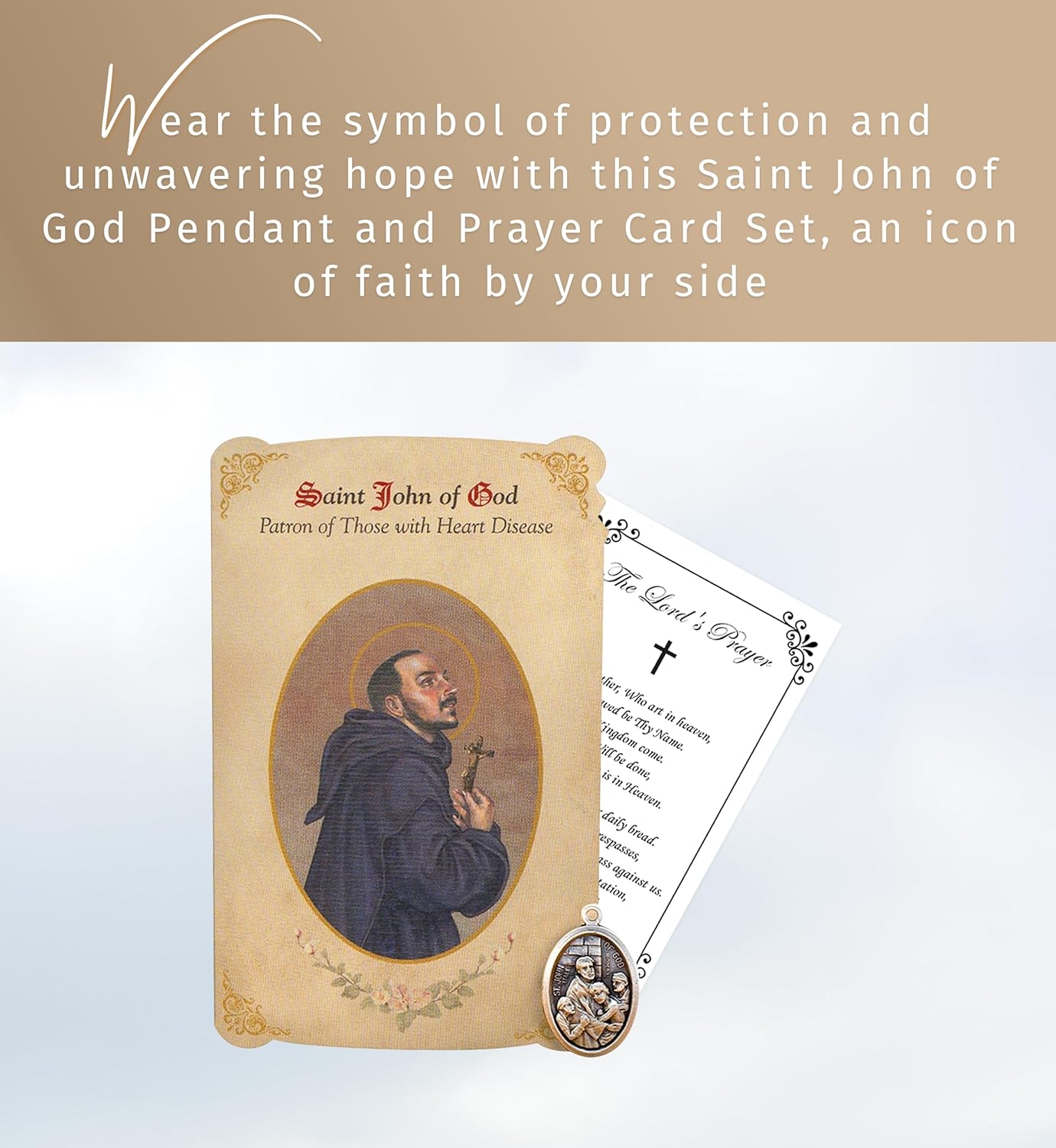 Trendzeen Saint John of God Pendant (1 inch) - Saint John of God Medal, St John Prayer Card, The Lord's Prayer Card - St. John of God Patron Saint of Heart Disease Catholic Themed Set of 2 Items - Image 2