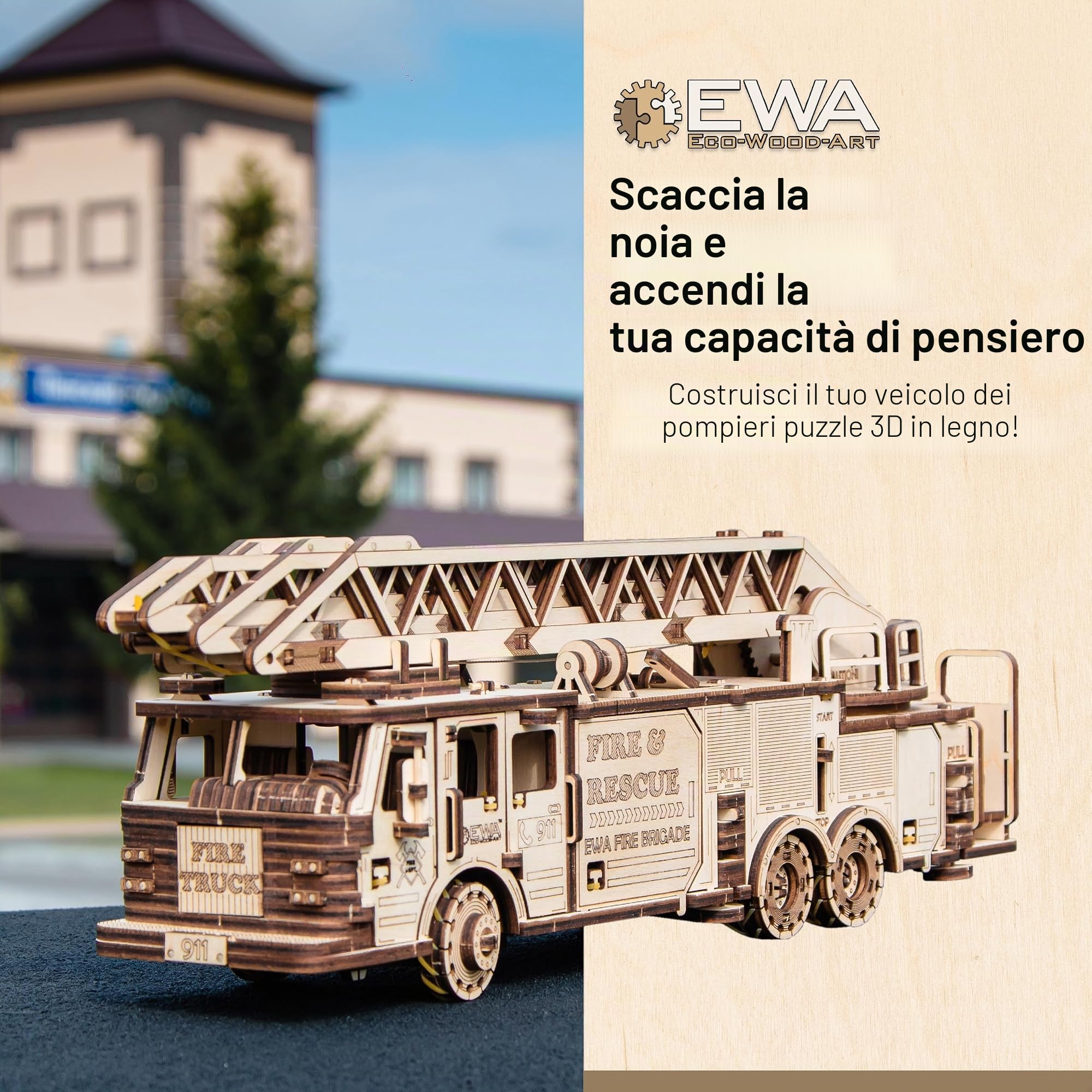 EWA Eco-Wood-Art - CAMION DEI POMPIERI - Puzzle meccanico 3D in legno - Puzzle per adulti e adolescenti - Montaggio senza colla - 439 pezzi