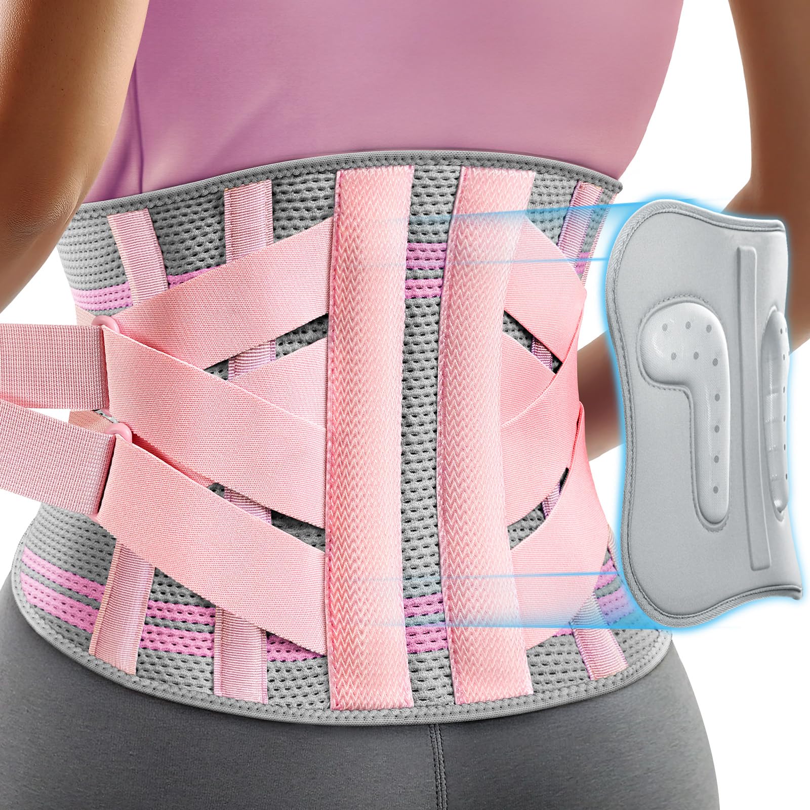 Rakiie Cinturón de apoyo lumbar para mujer, soporte lumbar ergonómico con almohadilla 3D, cinturón lumbar para el dolor de espalda, color rosa, talla L (cintura: 100 – 115 cm)(Rosa, Large)
