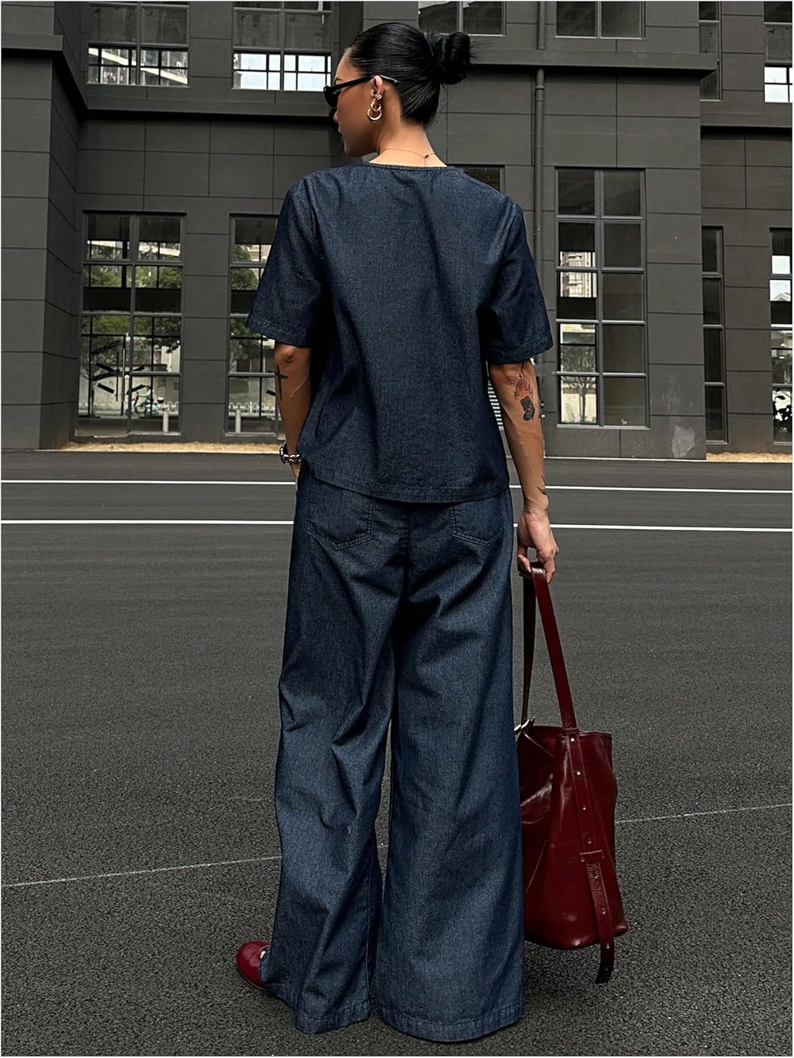 WDIRARA Women's 2 Piece Denim Outfits V Neck Button Down Shirt Wide Leg Pants Set - Image 3