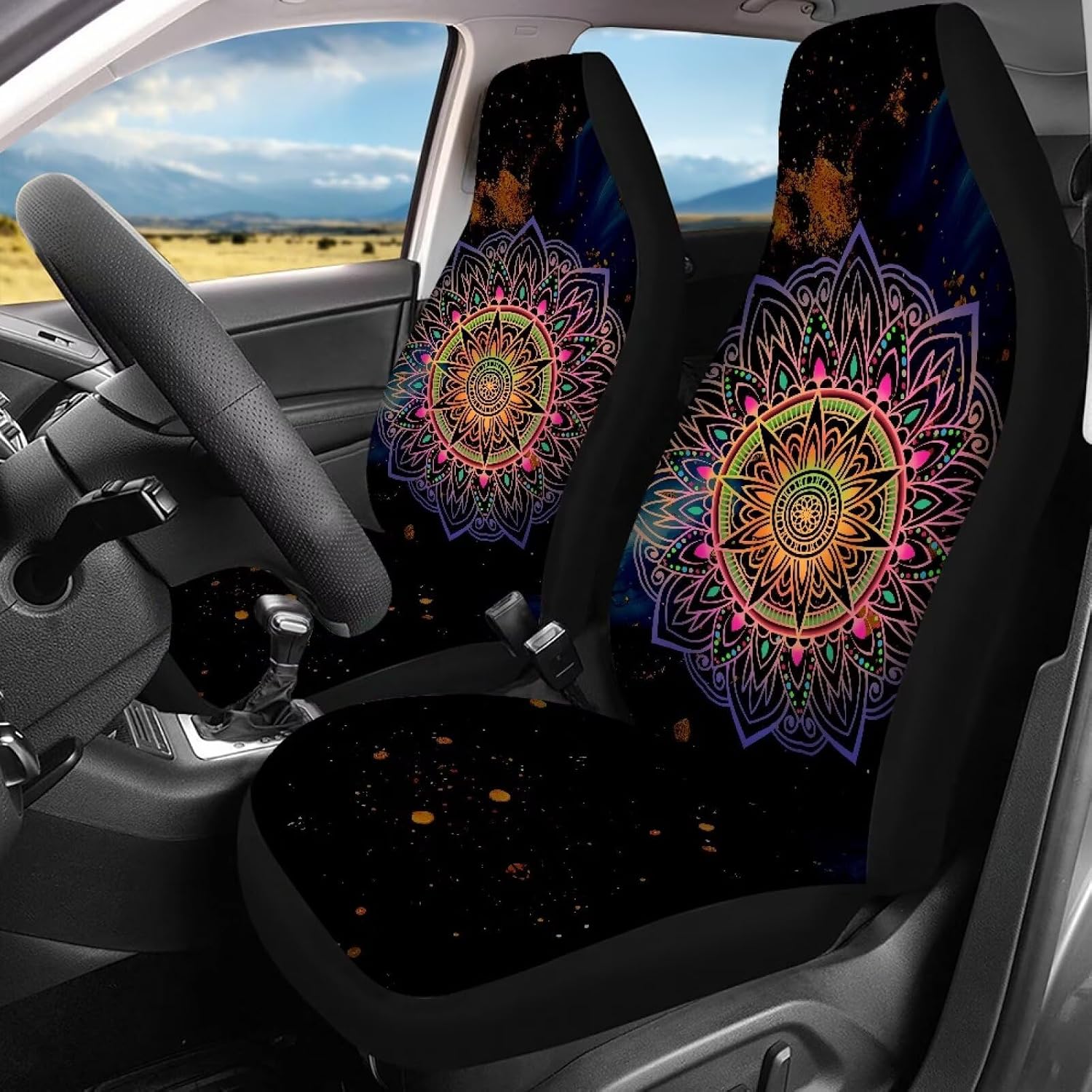 Amzbeauty Mandala Blue Gold Print Car Seat Covers Full Set Front and Rear Row Durable Polyester Universal Fit for Most Cars SUVs Trucks