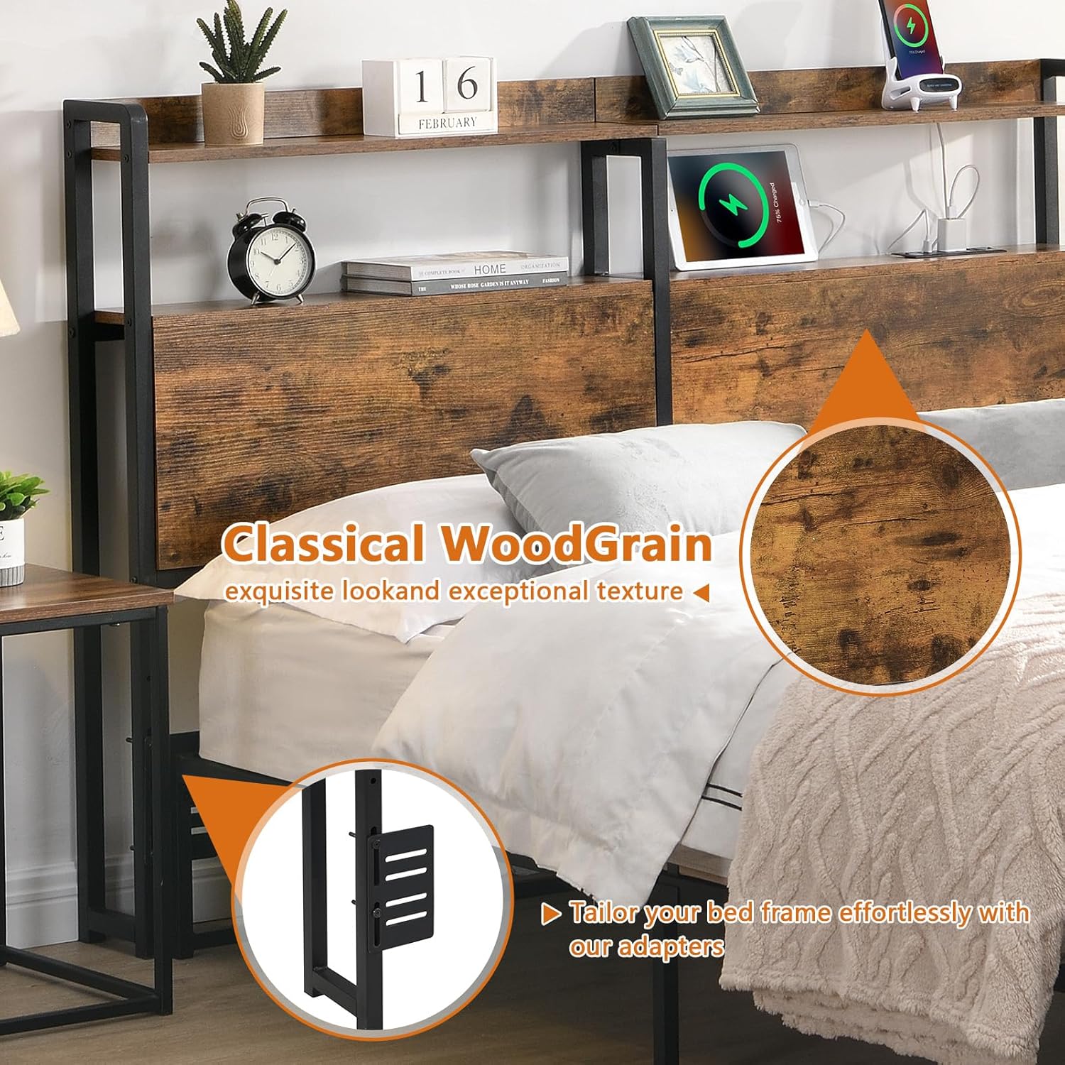 Queen Headboard with Storage, Free Standing Headboard with LED Lights & Outlets, Adjustable Height, Rustic Brown (Queen)