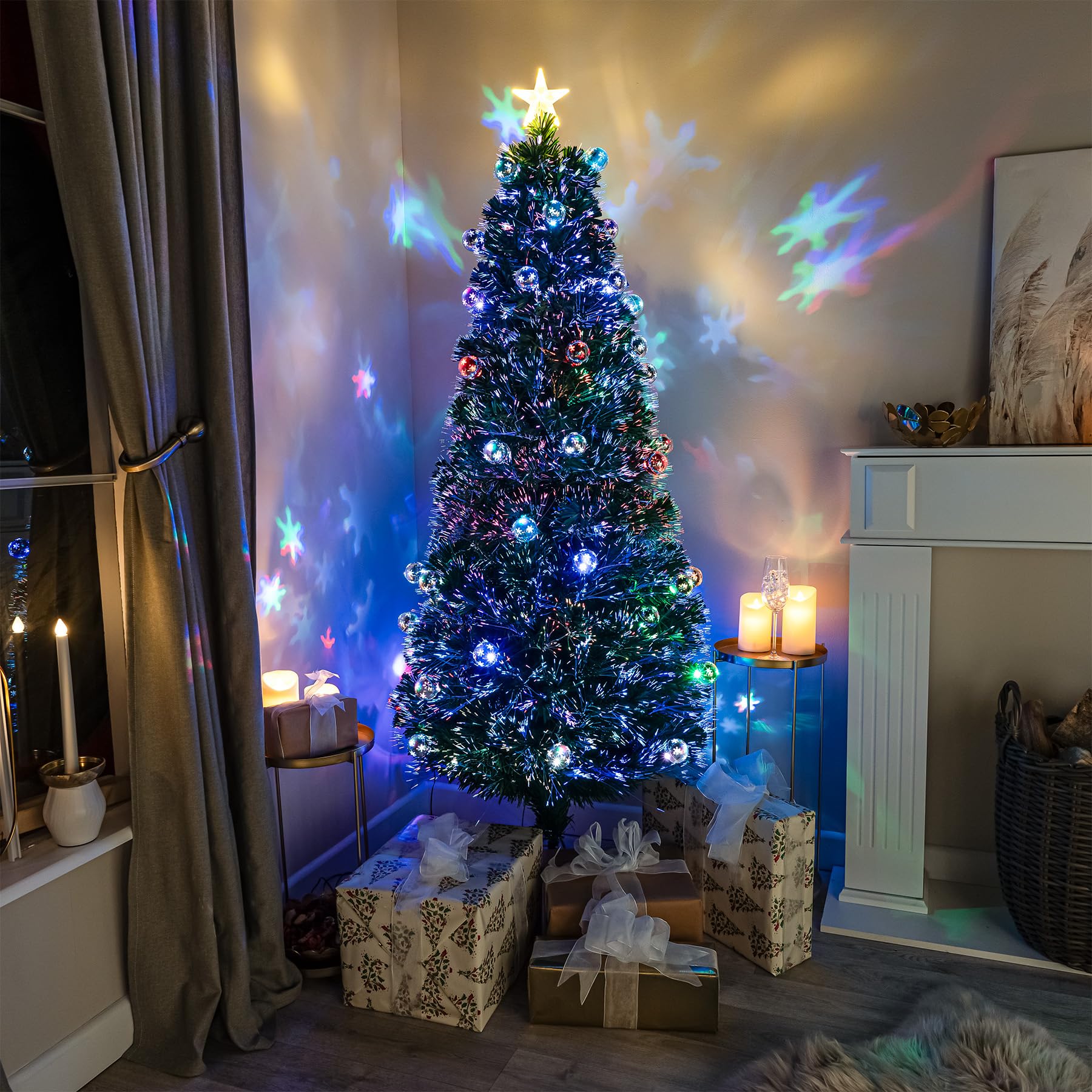 4ft Green Fibre Optic Tree with Multicoloured LED's and Fibres and Baubles