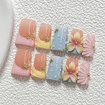 Handmade Short Duck Press on Nails, Summer Ocean Gradient Fake Nails with 3D Flower Water Drop Gold Starfish Decor, Glossy Reusable Full Cover False Nails S/M/L for Women GirlsM
