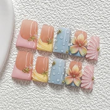 Handmade Short Duck Press on Nails, Summer Ocean Gradient Fake Nails with 3D Flower Water Drop Gold Starfish Decor, Glossy Reusable Full Cover False Nails S/M/L for Women GirlsM
