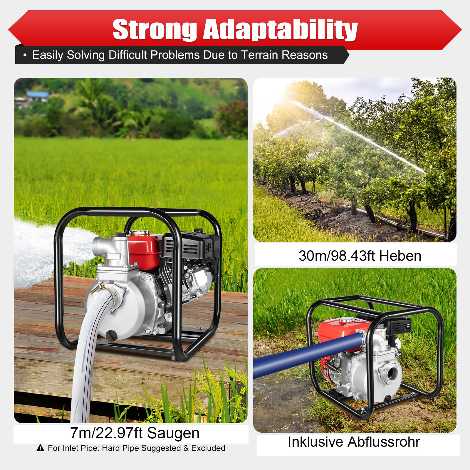 Pompe à eau à essence, 4 kW, 25000 l/h, 30 m, raccord de 2 pouces, pompe de jardin 7,5 ch, pompe à eau sale avec moteur à 4 temps et hauteur d'aspiration, démarrage par câble, pompe à