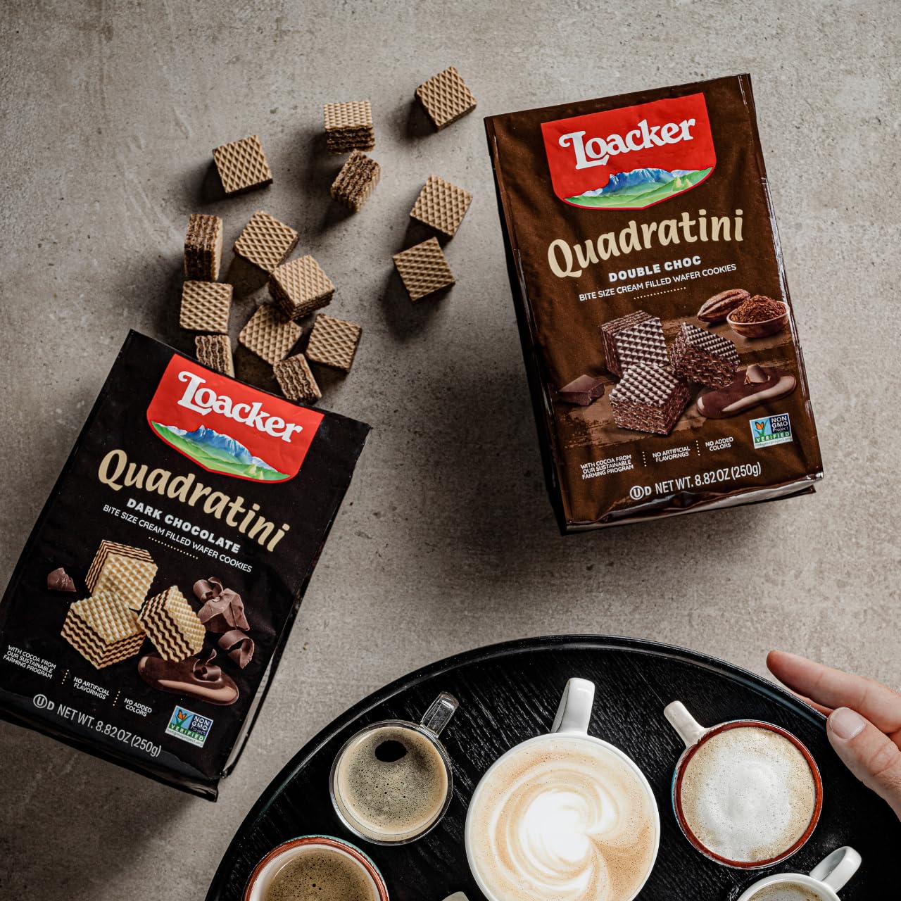 Loacker Quadratini Chocolate Variety Wafer Cookies LARGE - Mix of Dark Chocolate, Chocolate and Double Choc - Premium Crispy Bite Size Wafers - 30% Less Sugar - LARGE Pack of 6