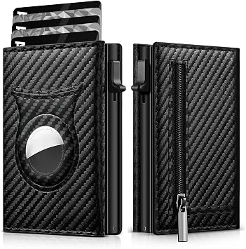 Genuine Leather Wallet for Men Slim Pop Up Card Holder RFID Blocking Bifold Design with 2 ID Windows and Money Pocket in Gift Box Airtag Wallet,Carbon Black