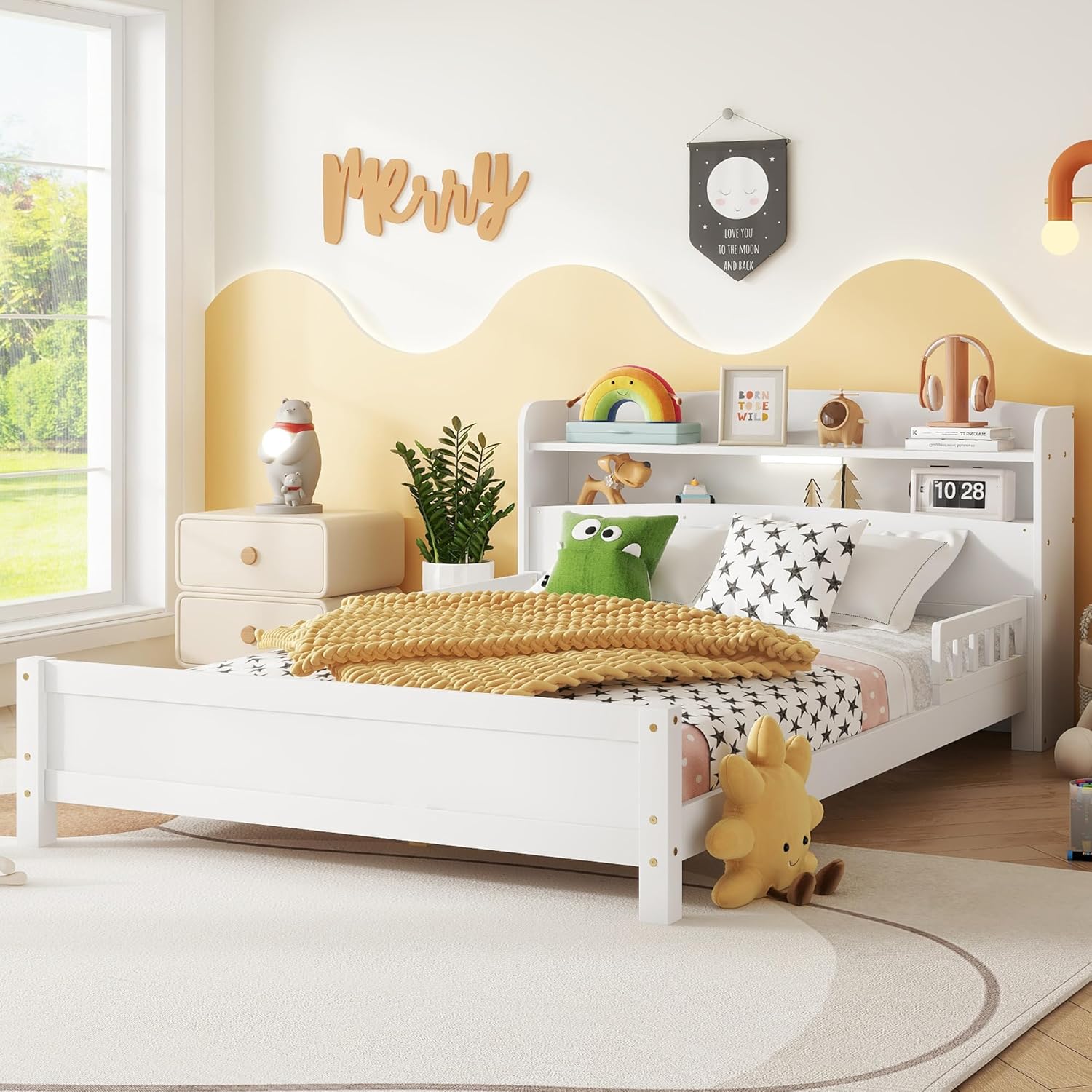 Full Pine Wood Bed with Bookcase Headboard,LED Motion Sensor Light, Bed Guardrails,White