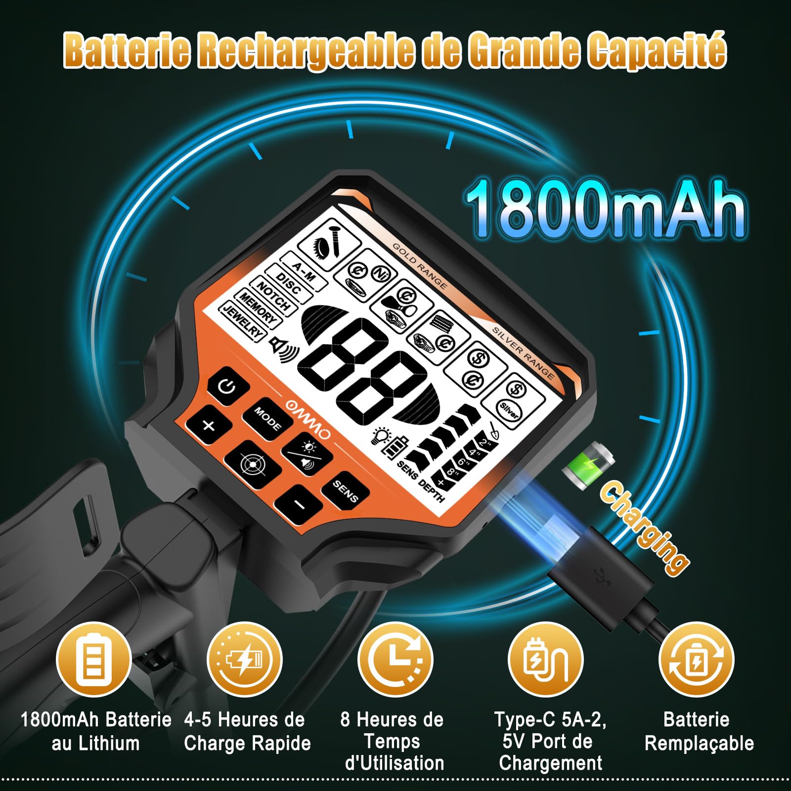 OMMO détecteur de métaux pour Adultes Professionnels, Rechargeable USB, 6 Modes, Tige réglable 69,8-124,5 cm, Bobine étanche IP68 25,4 cm