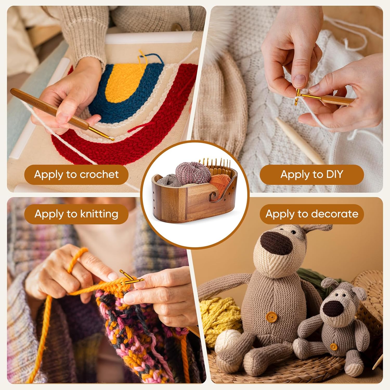 Miglaja Yarn Bowl - Large Size Wooden Yarn Holder, Smooth Crochet Bowl with 9pcs Knitting Hooks Yarn Bowls for Crocheting Yarn Storage (Without Lid)