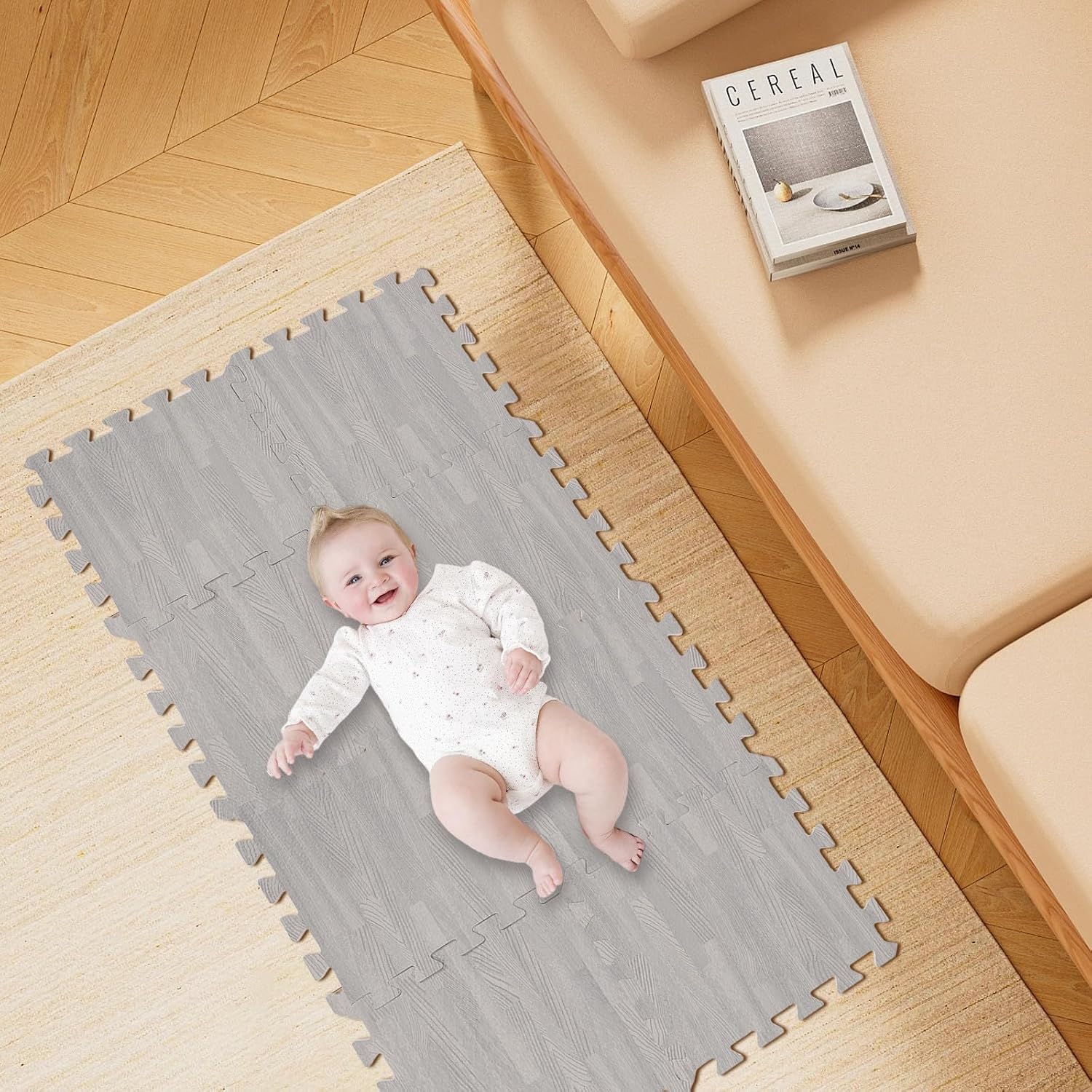 Milisten 8pcs Thick Foam Puzzle Play Mat for Babies Crawling Floor Pads Grey Wood Grain Non-Toxic Soft Cushioning Interlocking Tiles for Nursery and Playroom