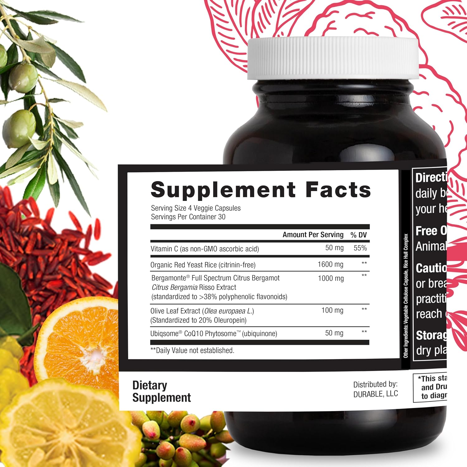 Durable Cholesterol Complete – Organic Red Yeast Rice 1,600 mg + Bergamonte® Citrus Bergamot 1,000 mg + Ubiqsome® CoQ10 + Olive Leaf + Vitamin C – Doctor Formulated, Made in USA (120 Capsules) - Image 6