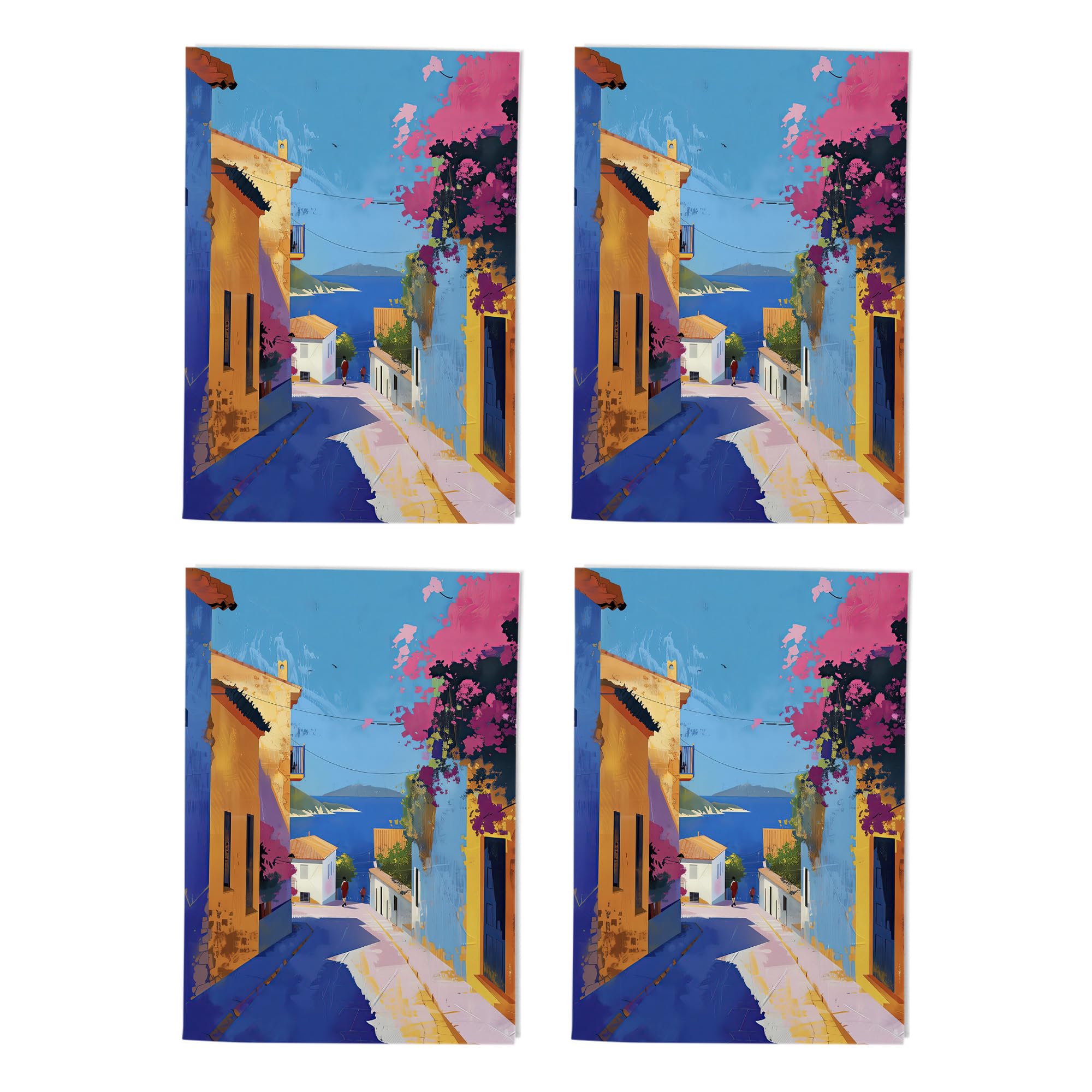 Santorini Coastal Town Art Cards Multipack of 4 Greek Seaside Greeting Cards For Any Occasion Blank Inside A6 10 x 15 cm