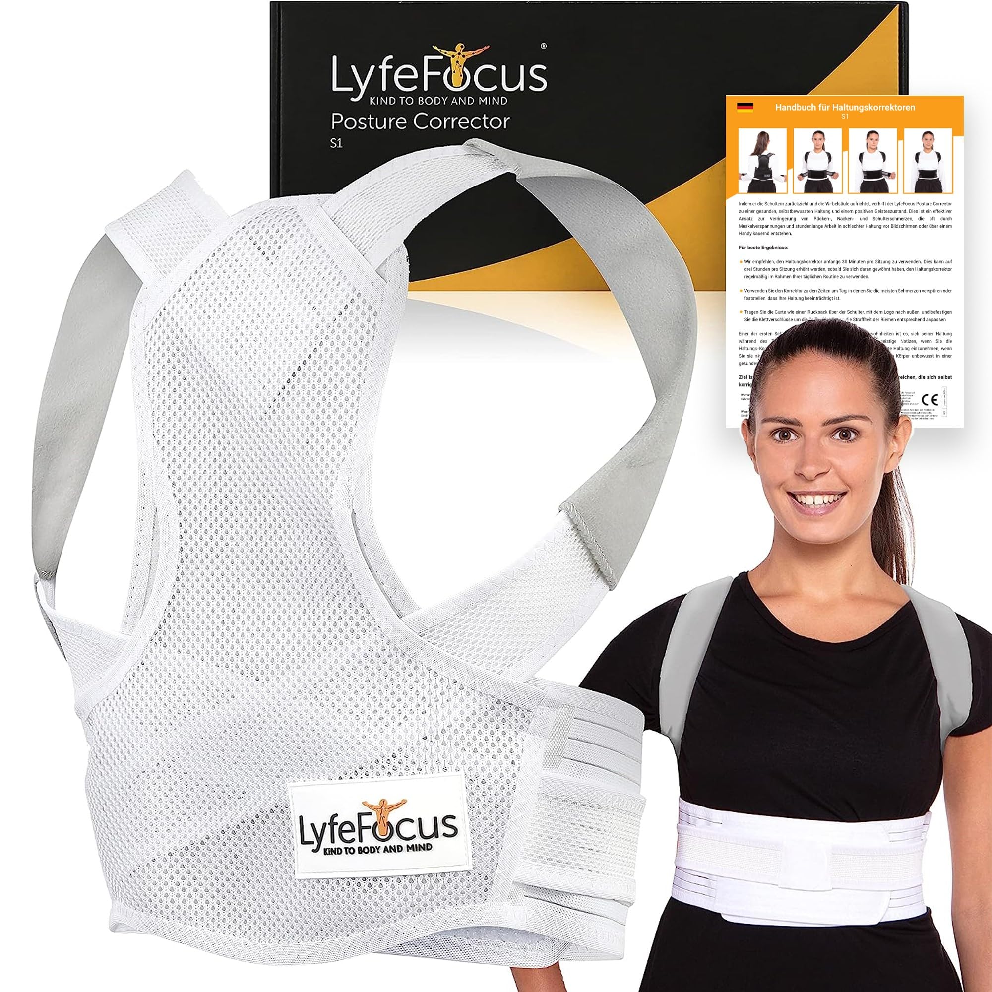 LyfeFocus S1 Haltungskorrektur für Männer und Frauen - Unsichtbare atmungsaktive Stütze für den oberen Rücken - Haltungskorrektur bei Nacken-, Schulter- und Rückenschmerzen (Weiß, Groß)