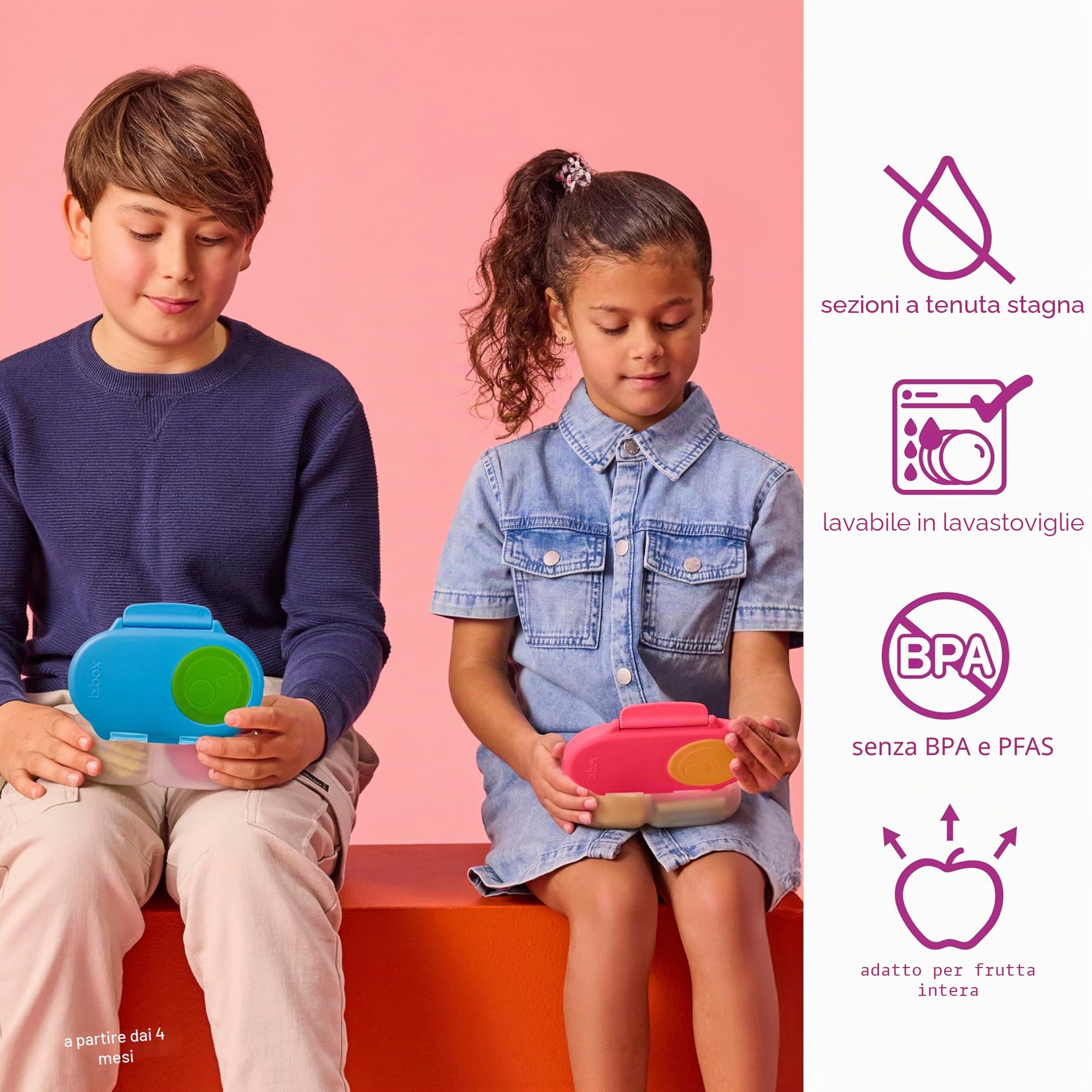 b.box Mini Bento Box 2 Scomparti a Prova di Perdite Lunch Box Bambini Scuola Senza BPA