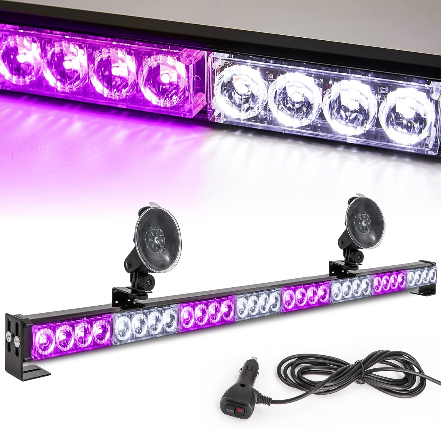 LE-JX Traffic Advisor Light Bar 35.5 Inch 13 Flash Patterns 32 Led Warning Emergency Strobe Light Bar Directional Flashing Led Safety Lights with Cigar Lighter (35.5 Inch, Yellow/White)