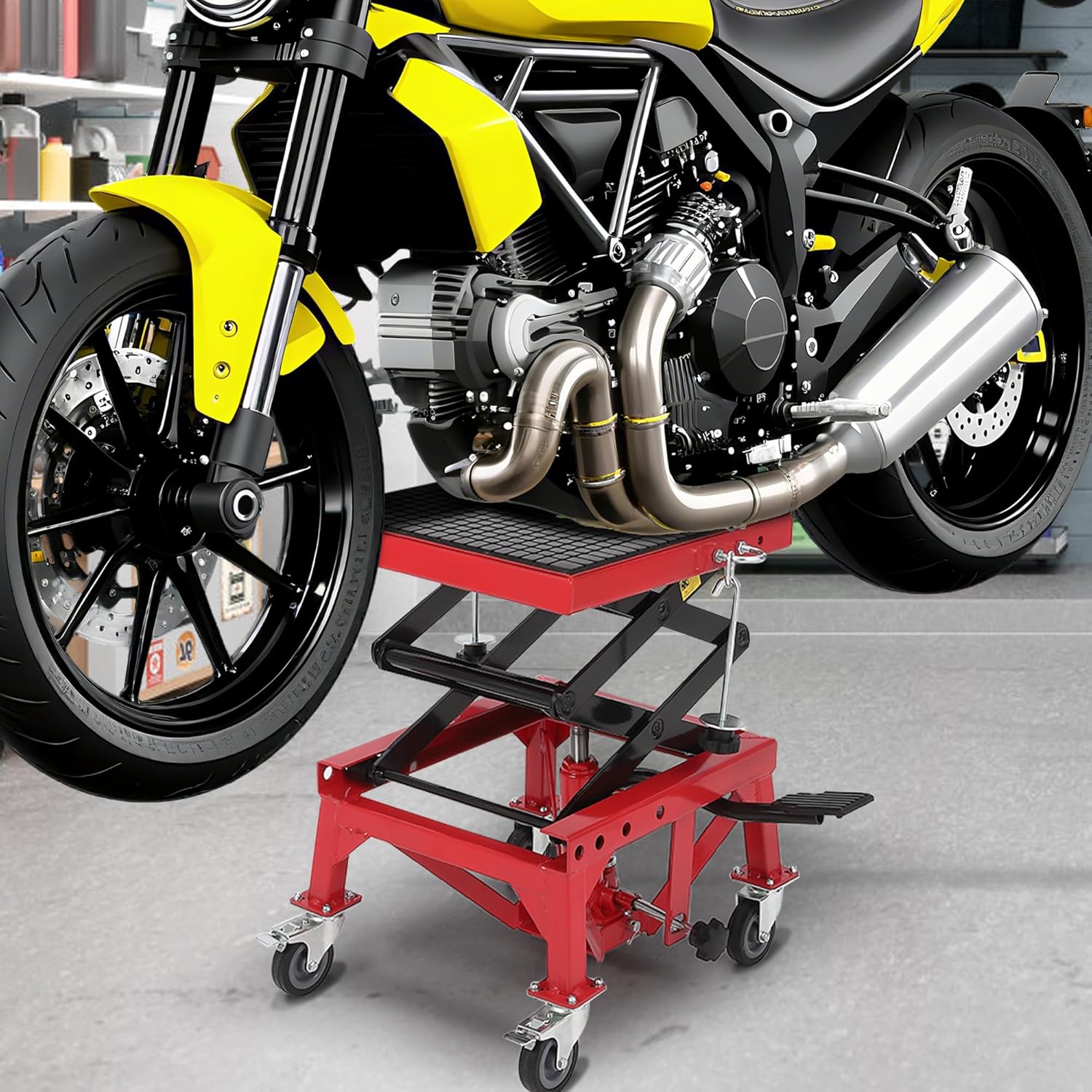 350 LBS Hydraulic Motorcycle Lift Jack, Foot-Operated Scissor Jack with Wide Deck, Safety Lock & Locking Wheels for Motorcycle, ATV, Buggy & Dirt Bike Maintenance, Red