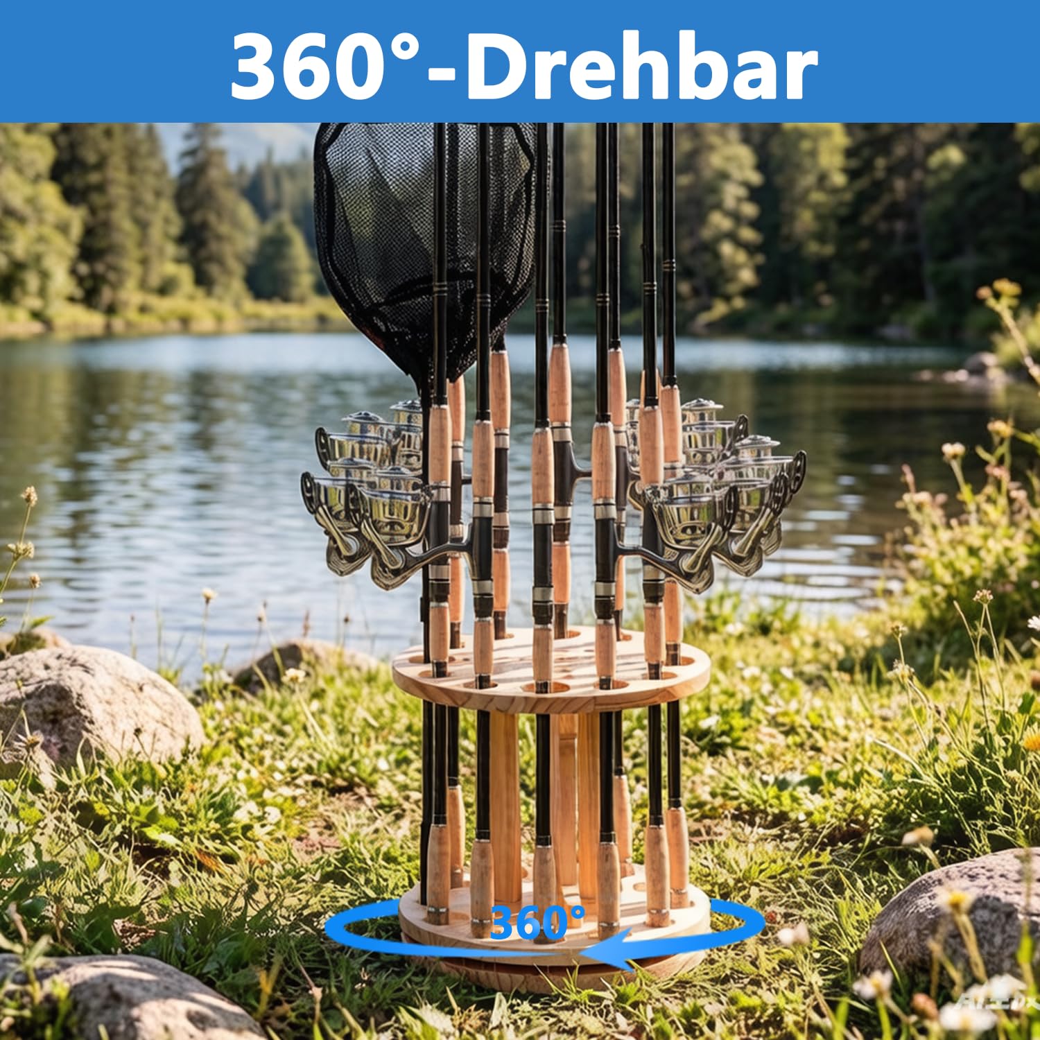 Supporto per canna da pesca in legno, girevole a 360°, per 12 canne da pesca e la maggior parte dei tipi di canne da pesca, supporto per canna da pesca ad alta stabilità, salvaspazio per attrezzatura