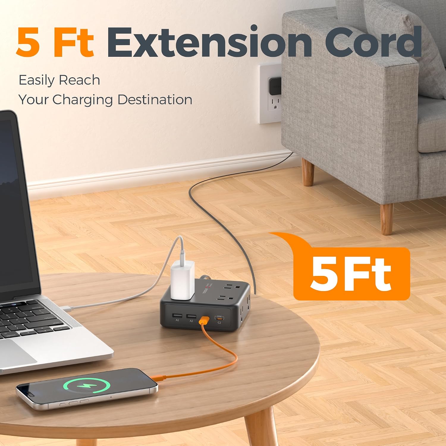 TESSAN Dual Surge Protector Power Strip, 5 Ft Extension Cord Flat Wall Plug with 4 USB (2 USB C) 8 Outlets, 2100J Surge Protection, 20W Multiple Charging Station for Home Office College Dorm, Black