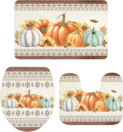 Miniatura 4 de Bathroom Rugs Sets 3 Piece Bath Mat,Thanksgiving Fall Pumpkin Sunflower Soft Non-Slip Bath Rug Set,Absorbent Shower Rugs Toilet Seat Cover U-Shaped