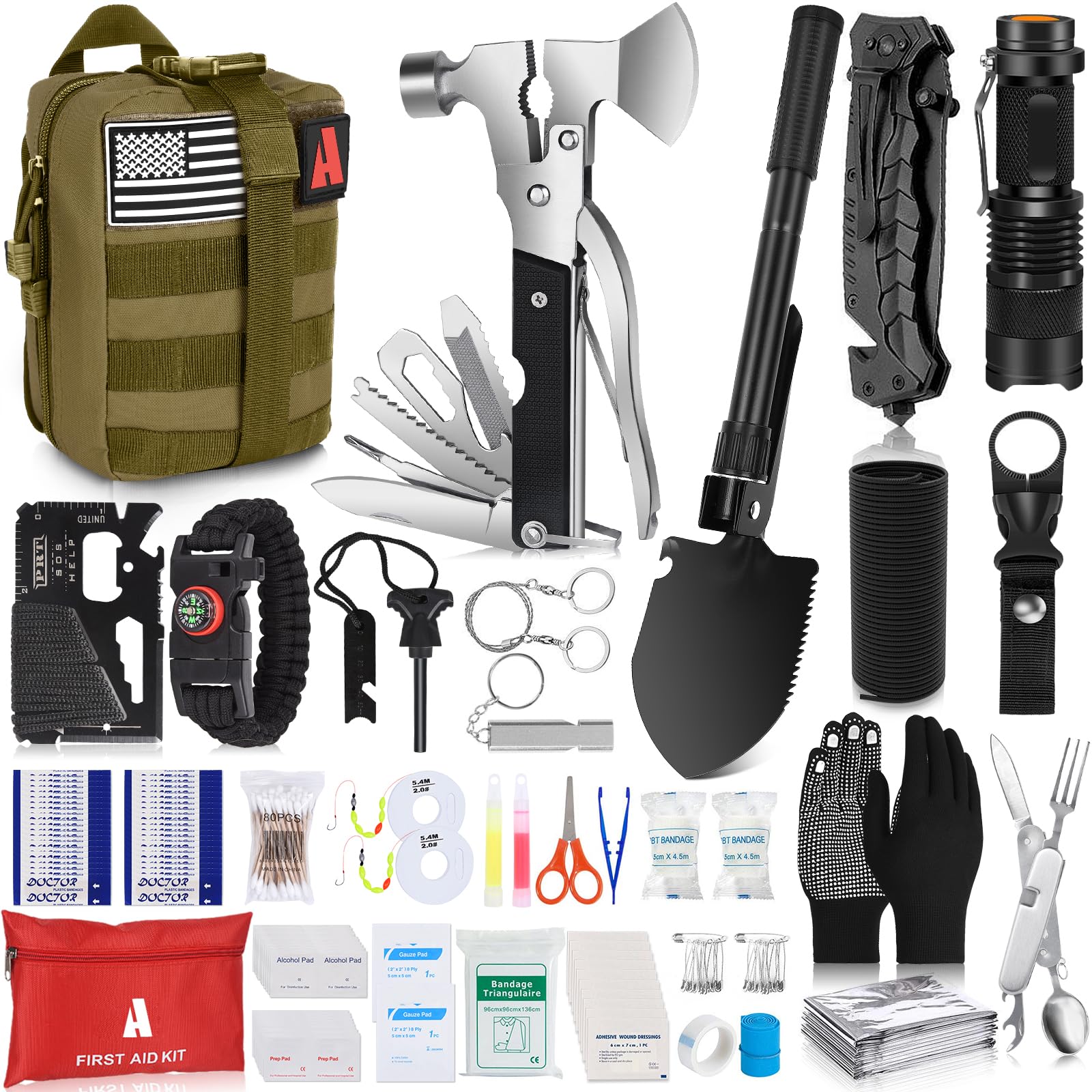 Survival Kit 232 pcs Professional Survival Gear Emergency Tactical First Aid Kit Outdoor Trauma Bag for Men Women Adventure Camping Hiking Hunting