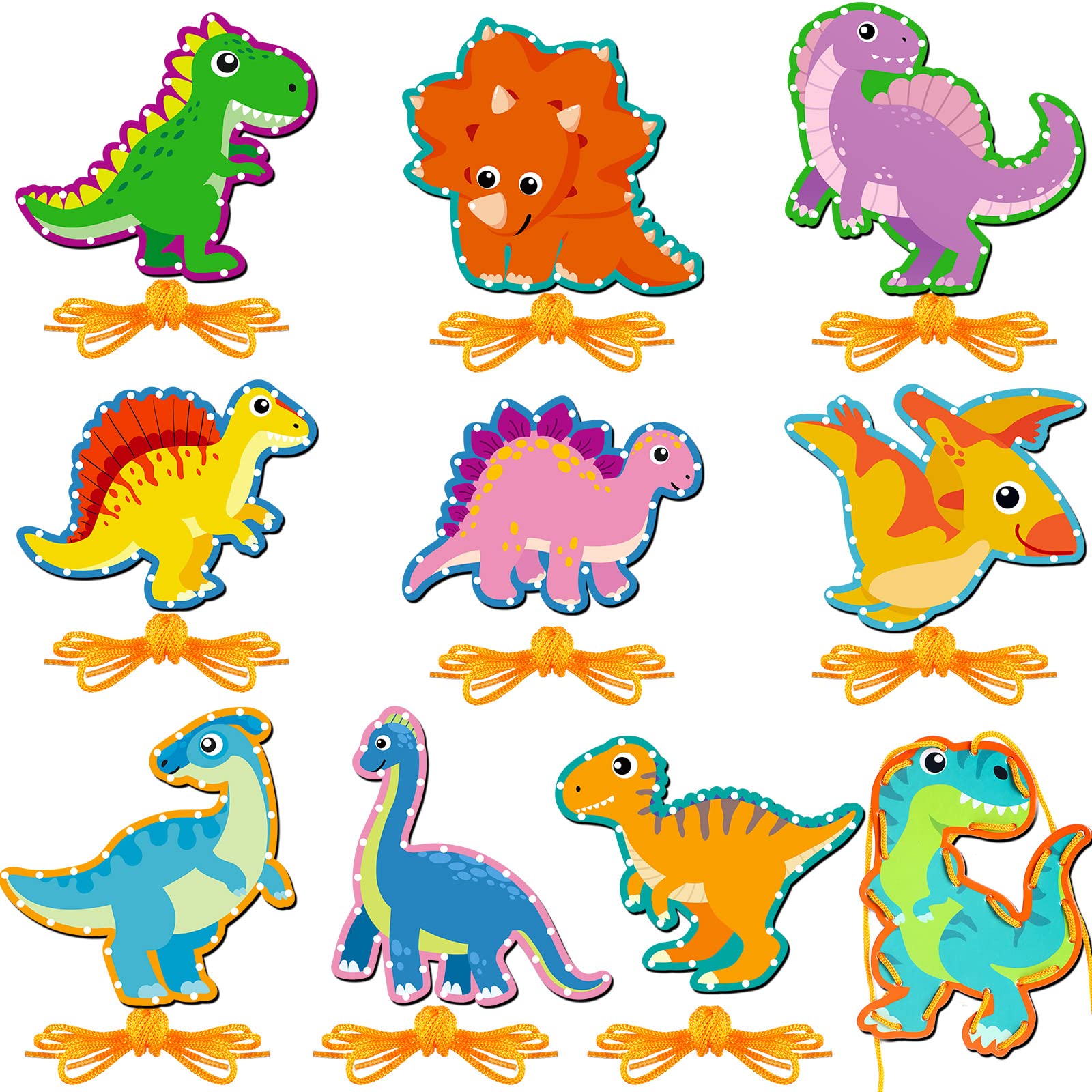 Pajean 10 Pcs Kids Lacing Cards Double Sided Animal Sewing Cards Kits 10 Styles Lacing Toy Crafts for Toddler Ages 6+ Developing Imagination Preschool Learning Activity Supplies(Dinosaur Style)