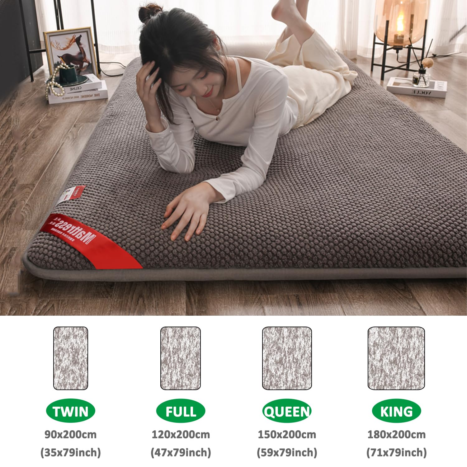 Rollen Sie Oben Futon-Bodenmatratze,Japanische Futonmatratze Für Kinder,Schlafmatratze Für Den Boden,Campingzelt 4cm Dick Isomatte,Tatami-Futonbett Matratzenauflage,Grau,100x200cm 39x79in