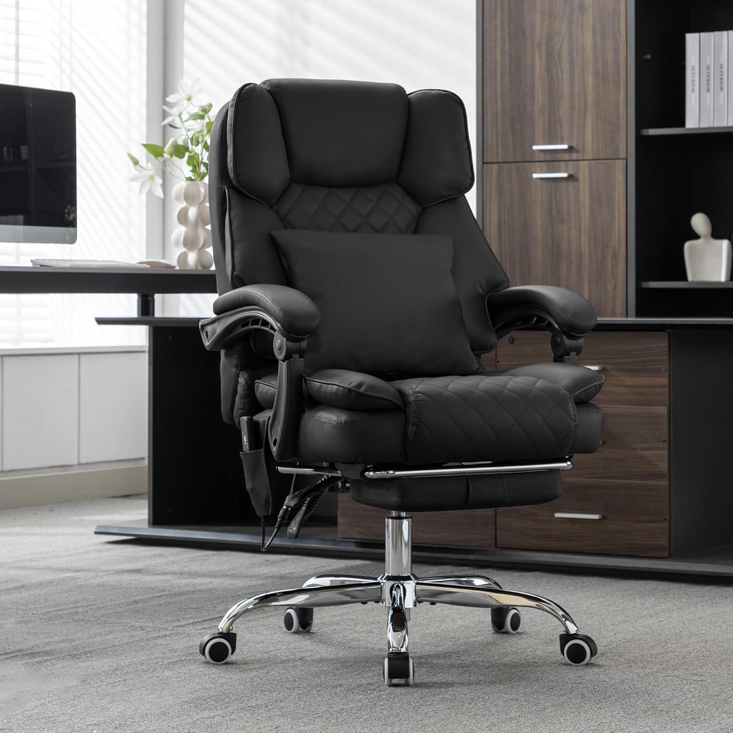 Kneading Massage Office Chair with Heated,90-135° Reclining Executive Office Chair with Footrest,Computer Desk Chair with Wheels,Diamond-Stitched Cushion Leather Office Chair (Black)