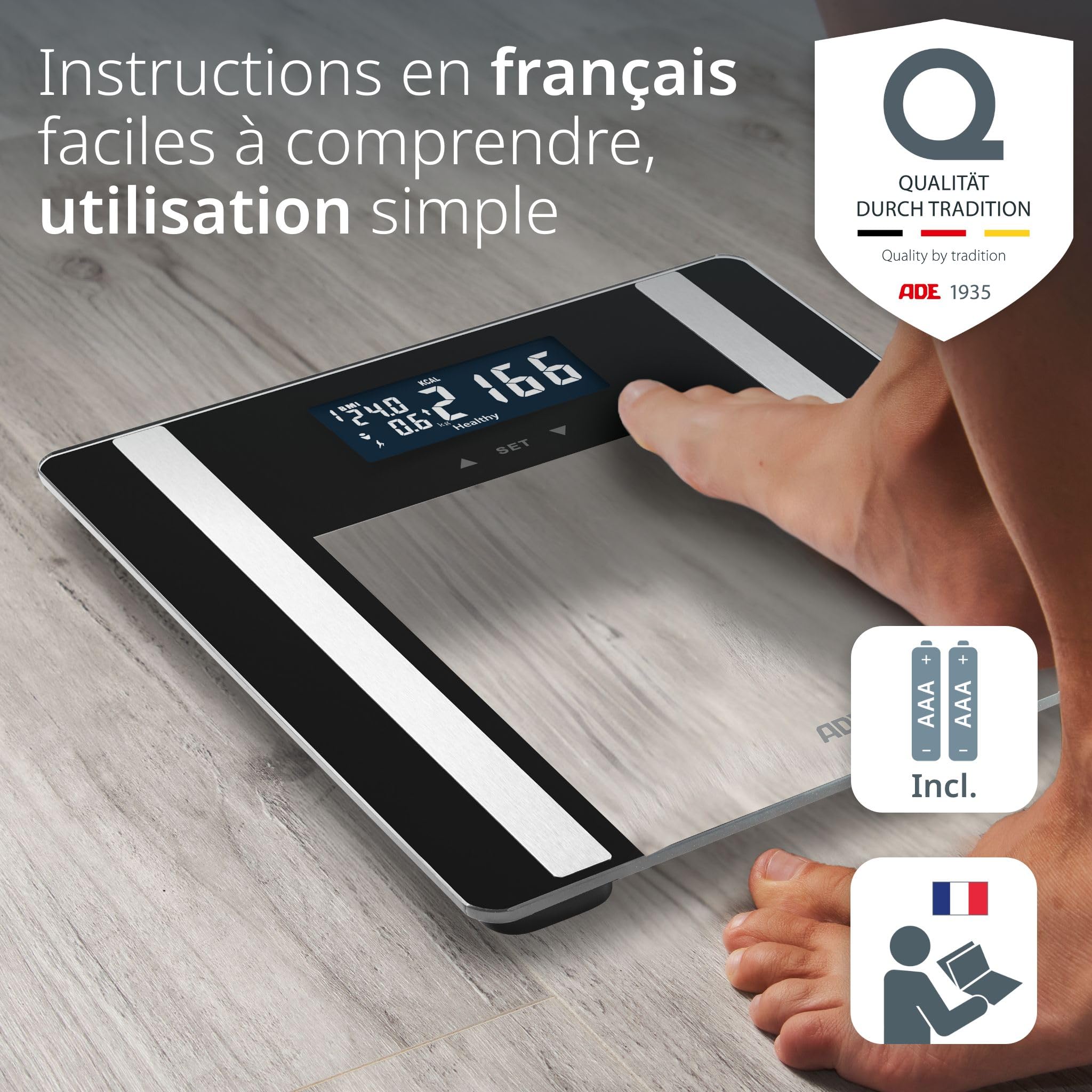 ADE Balance pèse personne impédancemètre | pèse personne masse graisseuse et muscle fiable et précis | capacité elevée du 200 kg | scales for body weight | noir
