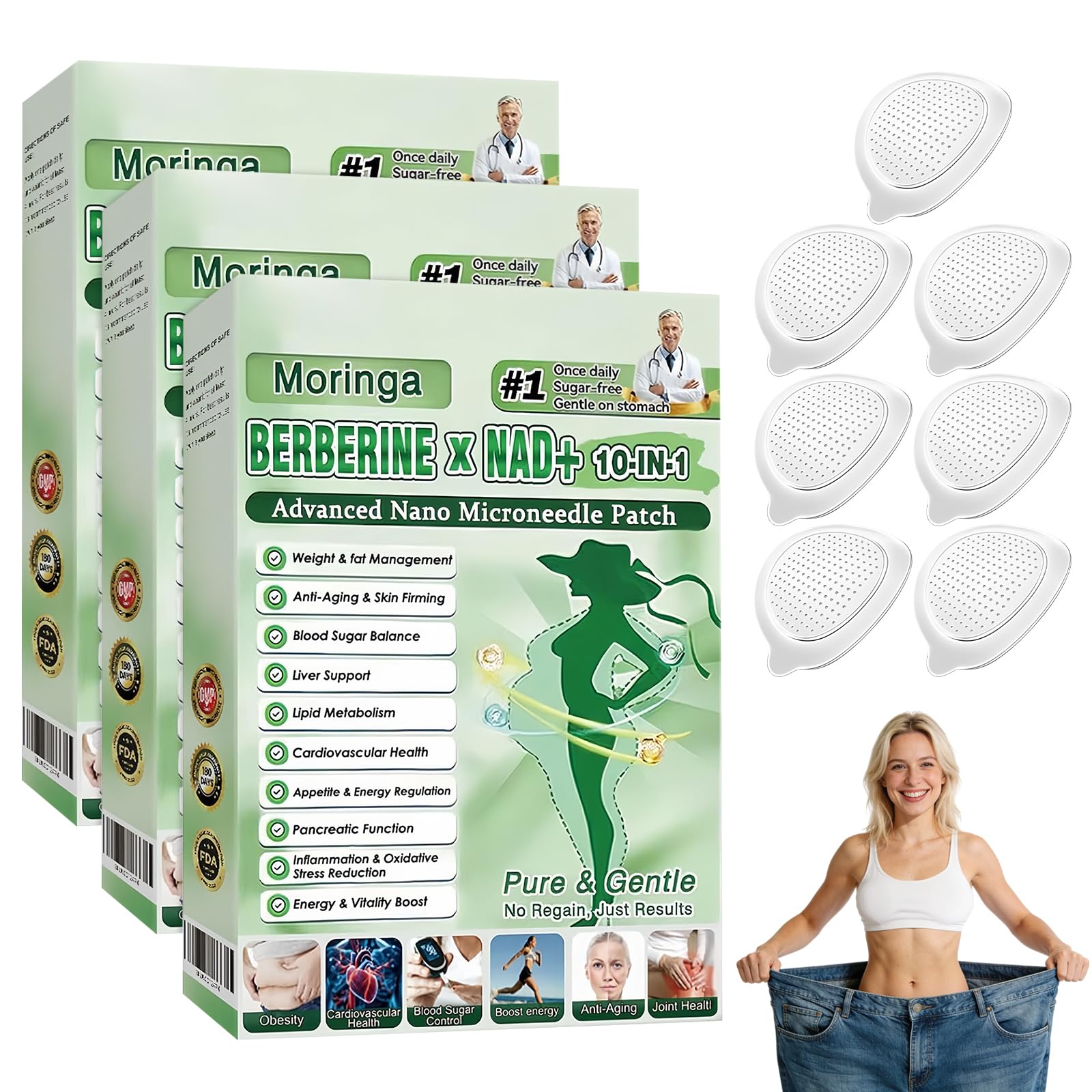 Nano Microdarts Moringa & Berberine Patch, 10-in-1 Botanical Skin Patch, Ultra-Thin Invisible Berberine Patches, Gentle & Comfortable Daily Use for Women and Men (4 Pack)