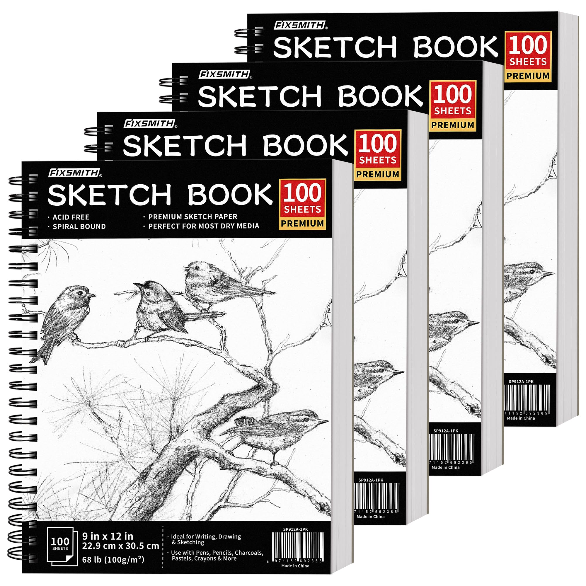 FIXSMITH A4 Sketchbook 4 Packs, 9"X12" Sketch Book 100 Sheets (68 lb/100gsm), Drawing Pad for Kids, Spiral Bound Artist Sketch Pad, Ideal for Kids,Beginners,Artists, Bright White