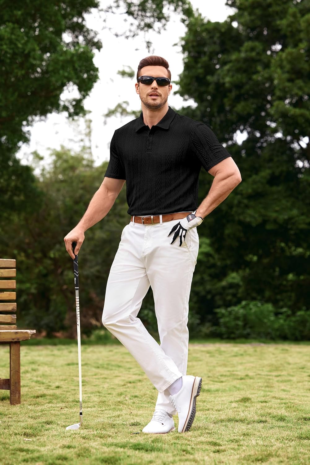 JMIERR Men's Textured Knit Polo Shirt Summer Short Sleeve Vacation Button Beach Knit Stretchy Golf Shirts