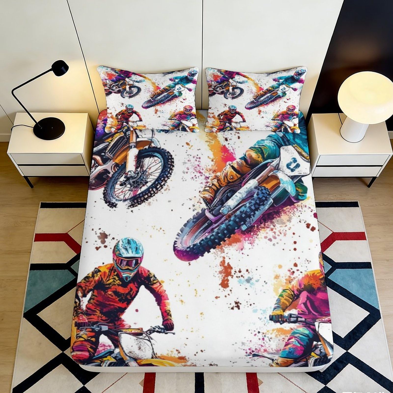 3D Printed Motocross Racing Fitted Sheet Microfiber Colourful Dirt Bike Bed Cover for Bedroom Guest Room Decor 90x200x25cm