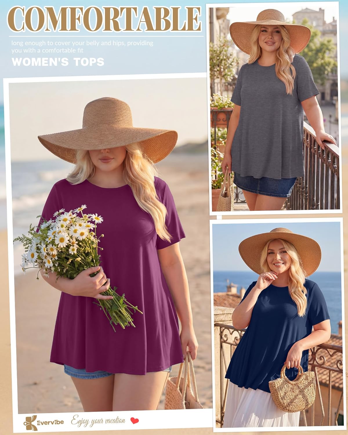 3 Pack Women's Plus Size Tunic Top Short Sleeve Long Shirts Summer Loose Fit Flowy Blouse Wear with Leggings - Image 2