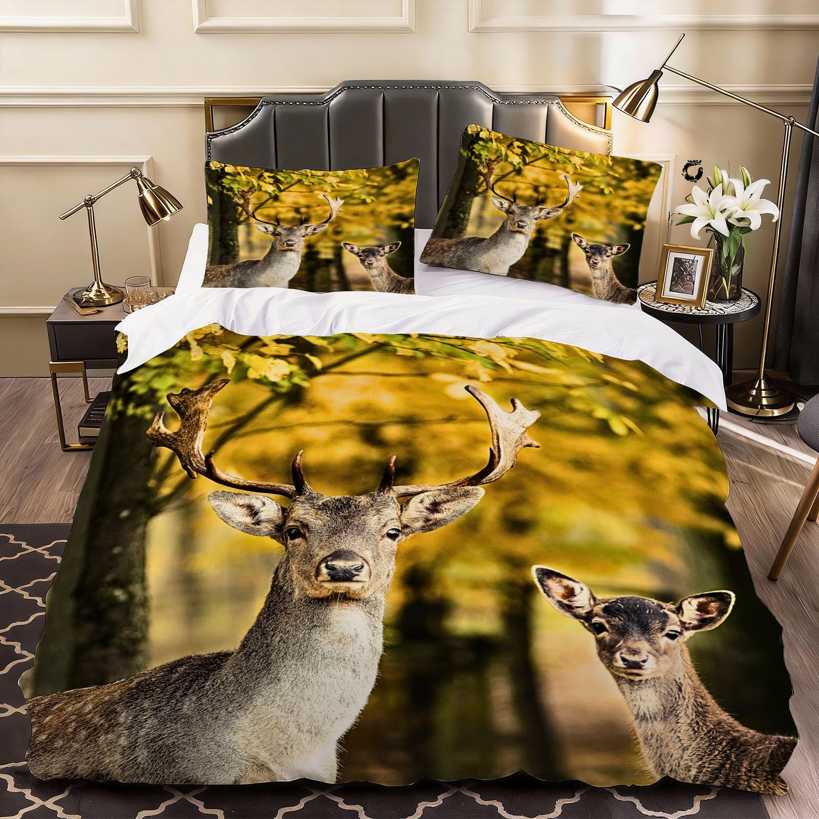 3D Deer Animal Duvet Cover Woodland Bedding Double Bed Set, Soft Microfiber Comforter Cover Printed with Zipper Closure Quilt Coverr 200x200 cm and 2 Pillowcases