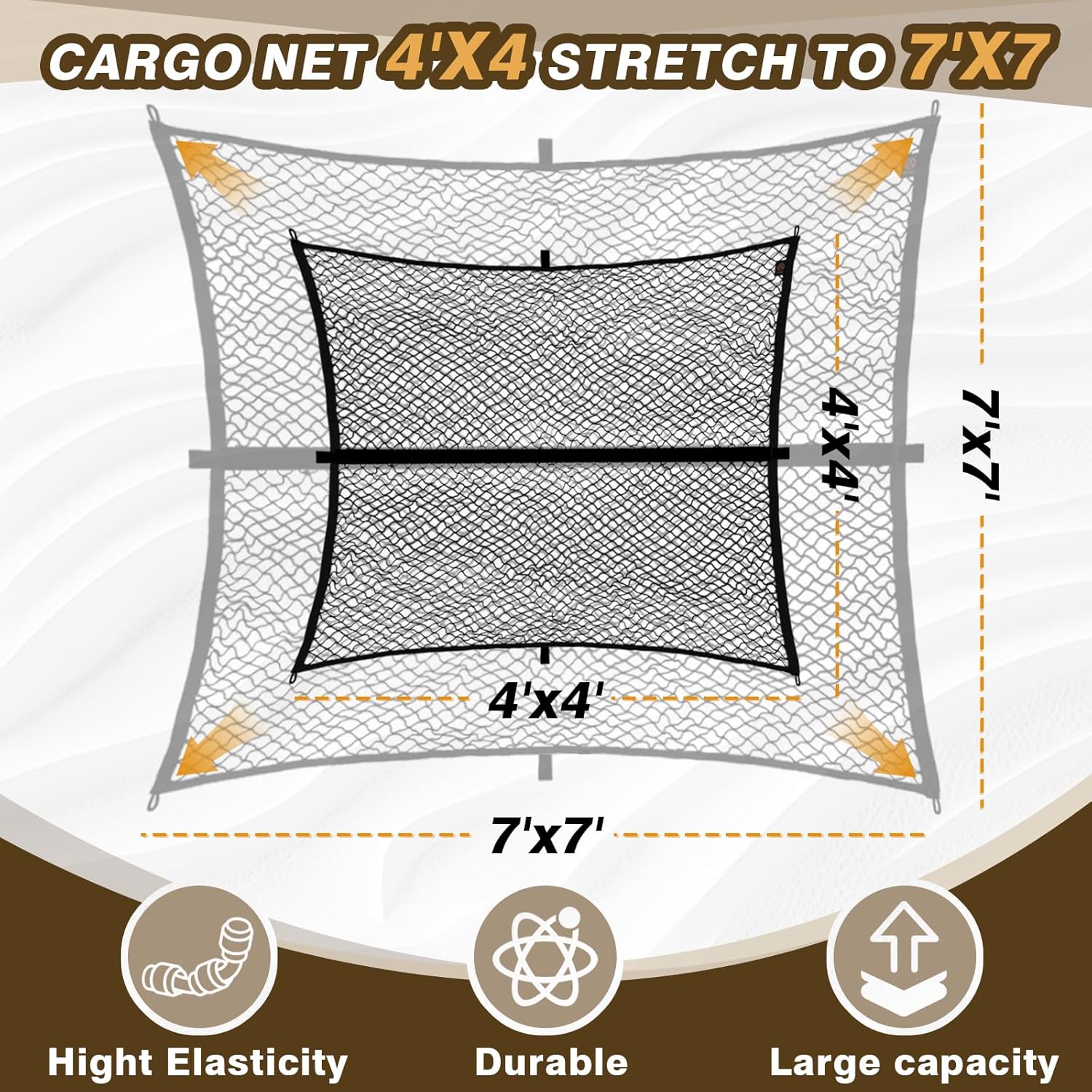 Muslogy Truck Bed Cargo Net Trunk Netting Compatible with Pickup Bed Stretchable 4'x4' to 7'x7' Accessories, Pickup Cargo Organizer SUV Sedan Storage Net w/Heavy Duty Carabiners - Image 7
