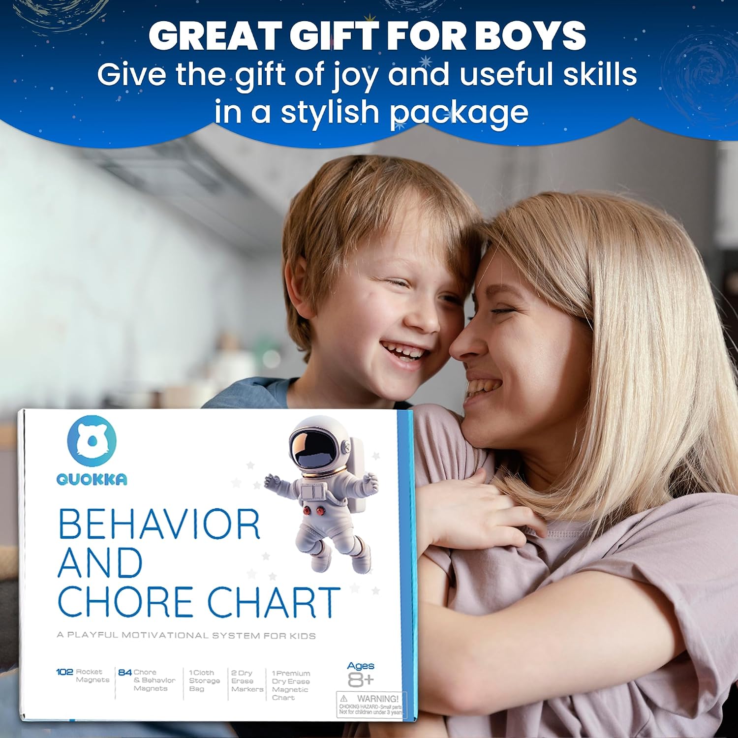 QUOKKA Magnetic Behavior Chore Chart for Kids at Home - Blue Reward Visual Schedule Chart - Dry and Erase Routine and Responsibility - Use 99 Magnets Markers Stickers - from Toddlers to Teens