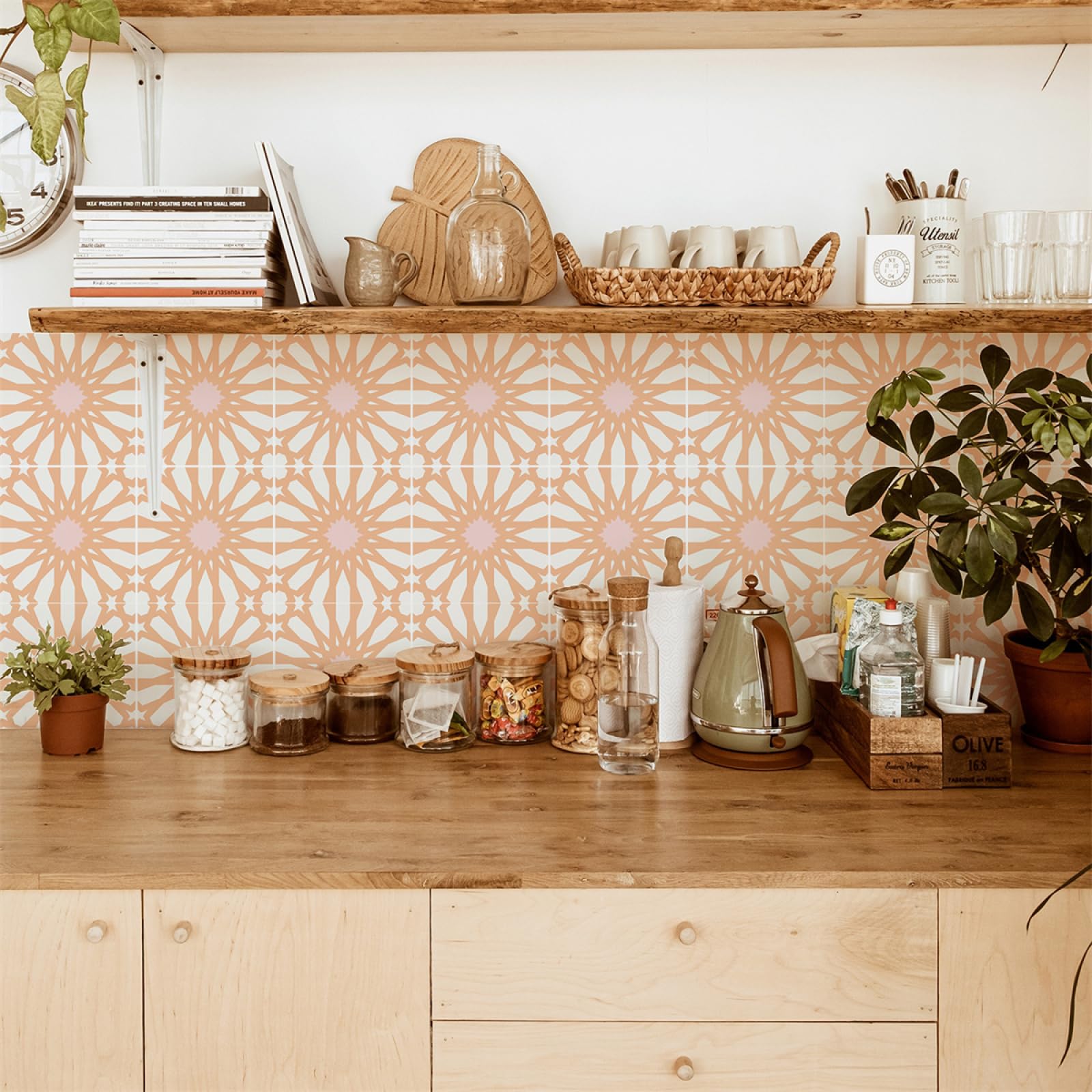 Peel and Stick Wall Tiles Orange Pink Mandala Tiles Self Adhesive PVC Home Decor Backsplash Kitchen Tile Stickers Waterproof Tile Stickers for Bathroom 15x15cm /20 Pcs