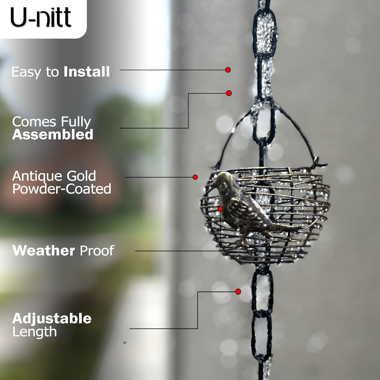U-nitt Rain Chain Water Collection for Gutters Rainwater Catcher & Diverter, 8.5 FT Chains for Outside Garden, Antique Bird Nest Cups, Roof Downspout, Works with Heavy Rain, Gutter Clip for Rainchains