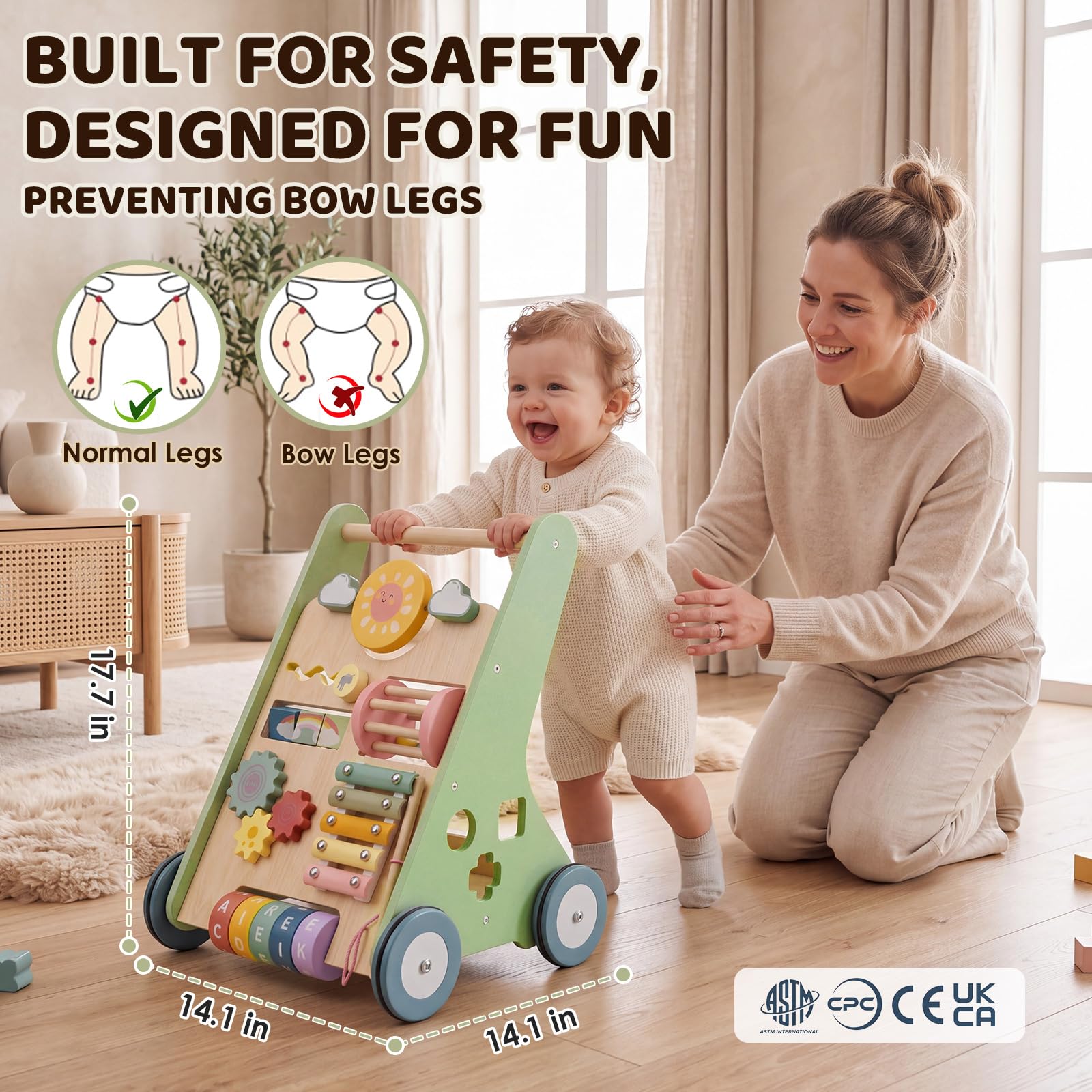 Green Montessori Walker z drewna, zabawka Baby Walker z regulowaną prędkością