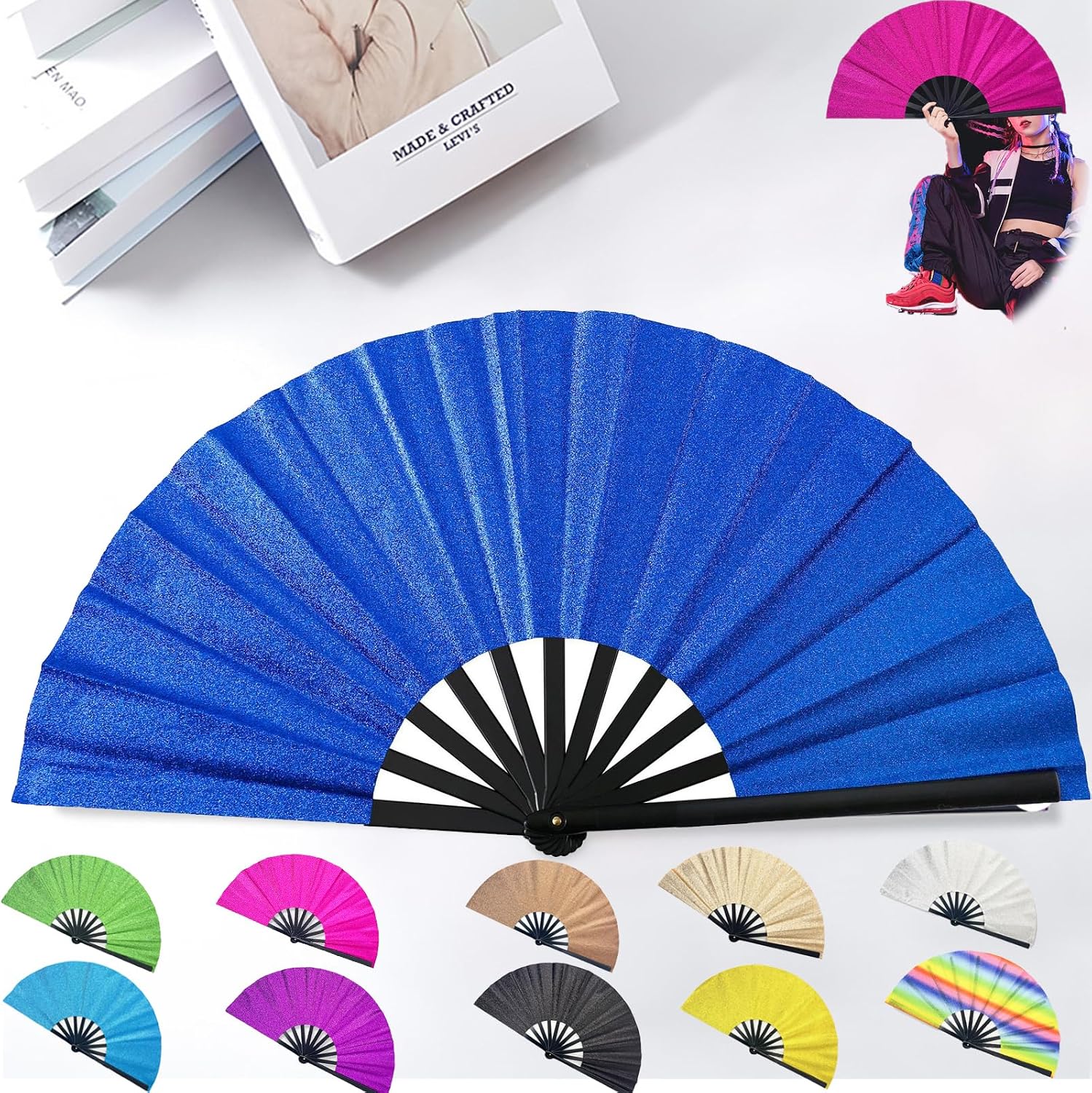 13 inch Large Folding Hand Fan - 2025 New Large Boots on The Ground Hand Fan for Dance, Performances, Gift, Parties | Retro Laser Colors & Chinese Style Craft (Dark Blue)