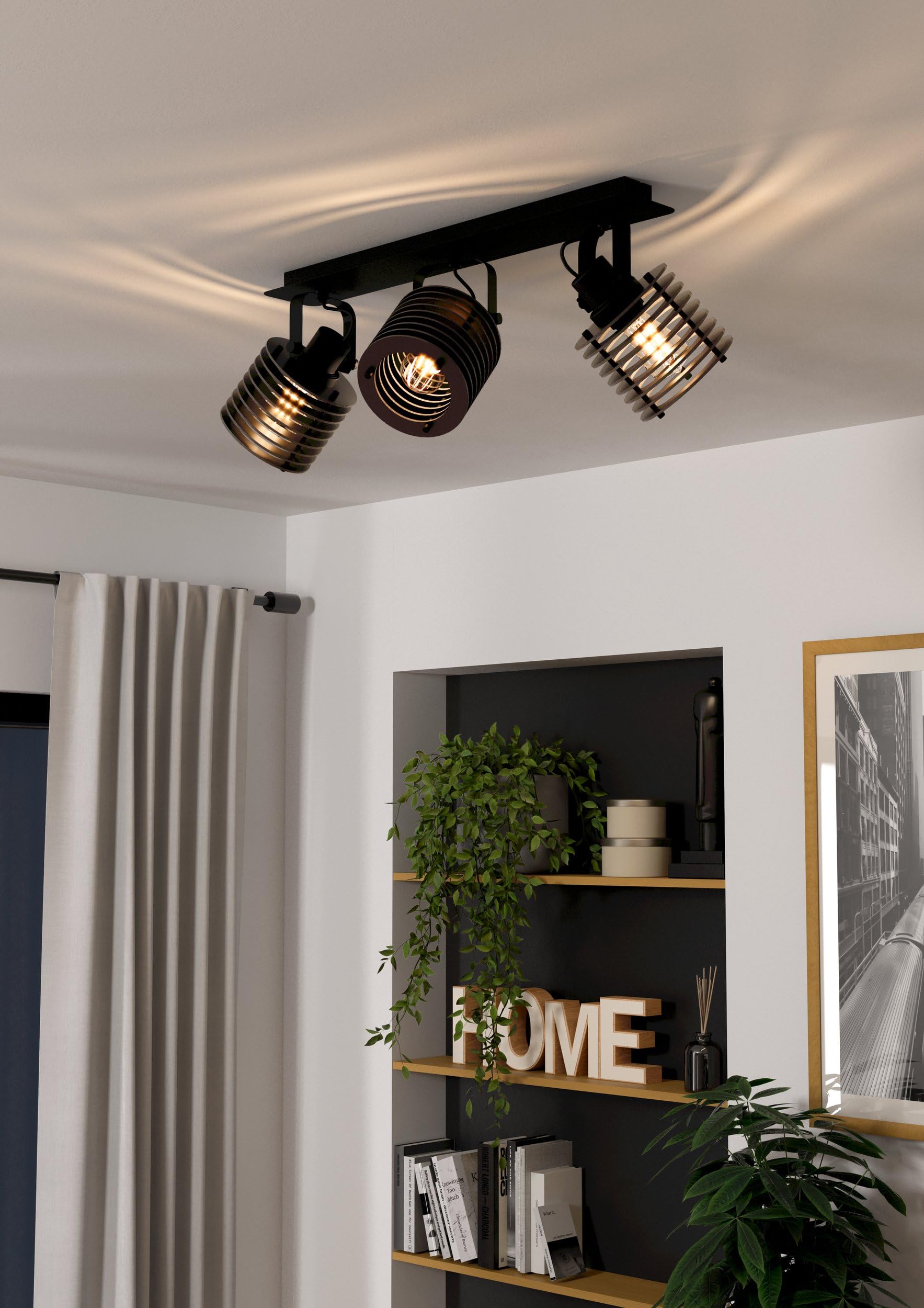 EGLO Deckenstrahler Segovia, 3-flammige Deckenlampe mit schwenkbaren Spots | Deckenleuchte Industrial Design aus Metall und Holz in Schwarz, Deckenspot mit E27 Fassung