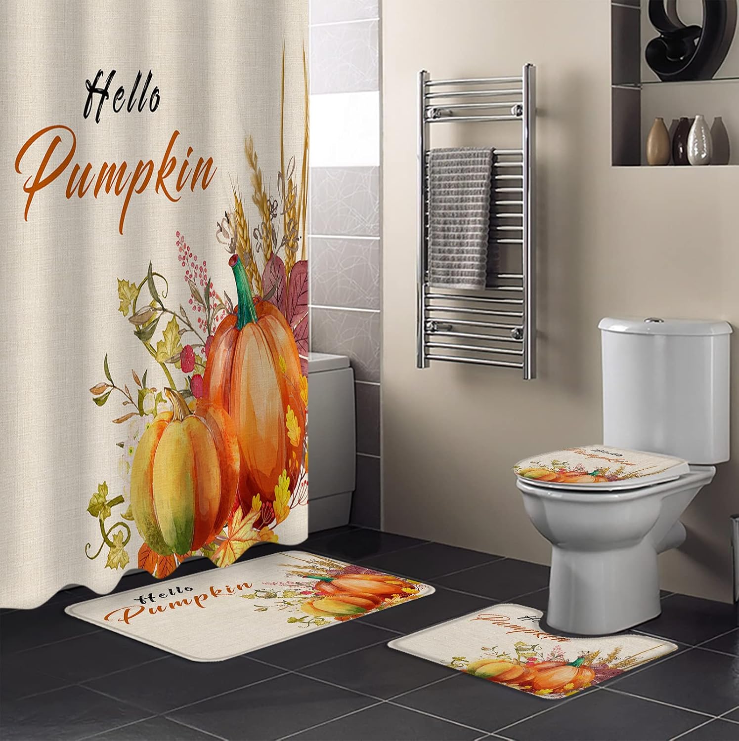 Fall 4 Pcs Shower Curtain Set with Non-Slip Rug, Toilet Lid Cover, Bath Mat and 12 Hooks, Waterproof Shower Curtain Set for Bathroom - Hello Pumpkin Fall Pumpkin and Rice Ears