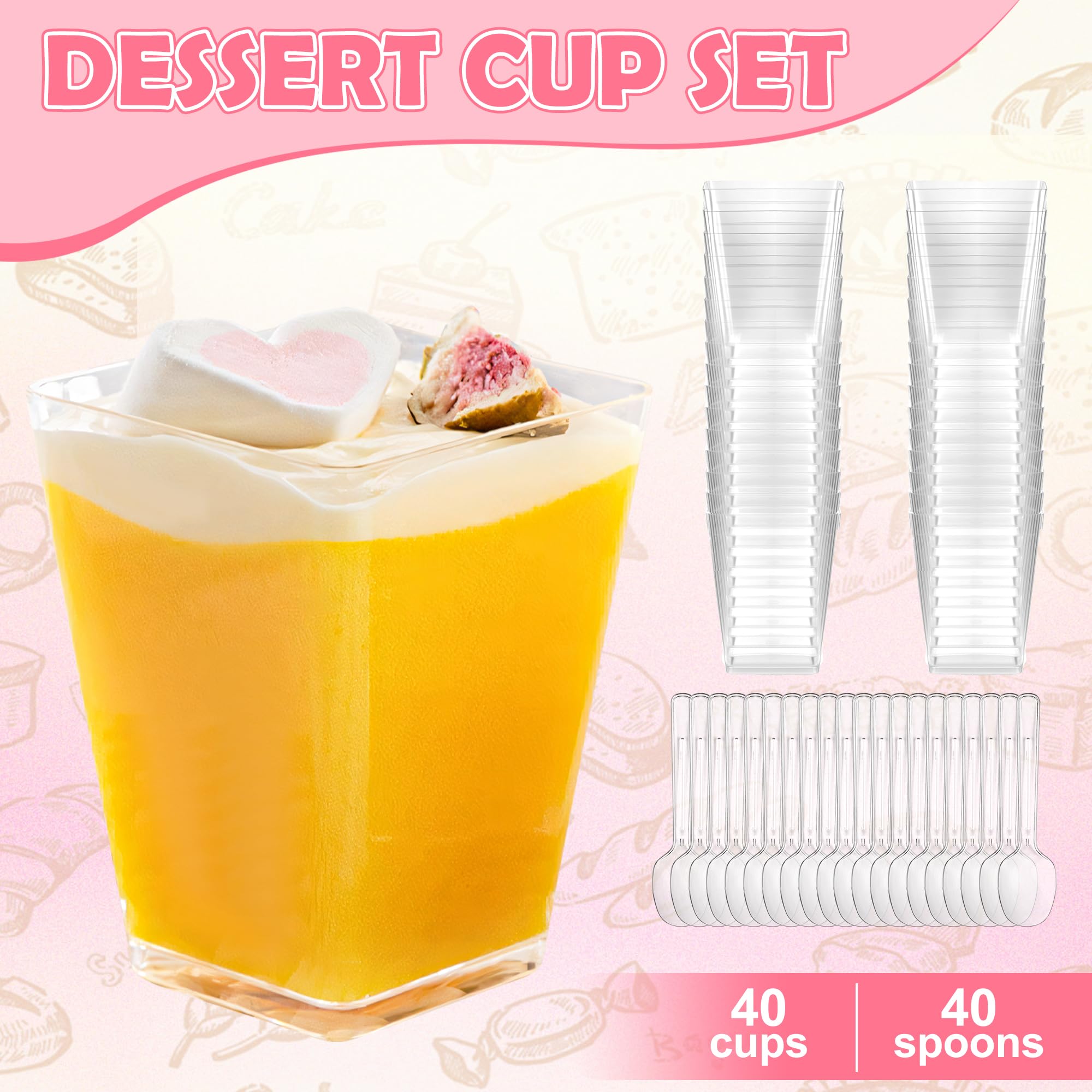 Qooloo Tazze da dessert, 50 pezzi, 160 ml, in plastica, con 50 cucchiai, tazze da dessert trasparenti, riutilizzabili, per la casa, dessert, budino, mousse, gelato, festa