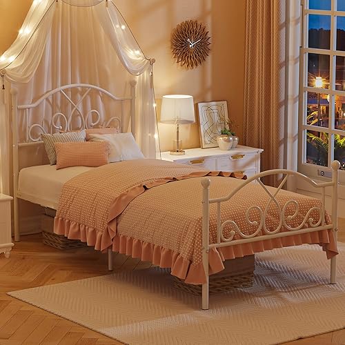 Miniatura 13 de Weehom Marco de cama individual, marcos de cama de metal modernos de tamaño individual para niños y niñas, no necesita somier, base de cama