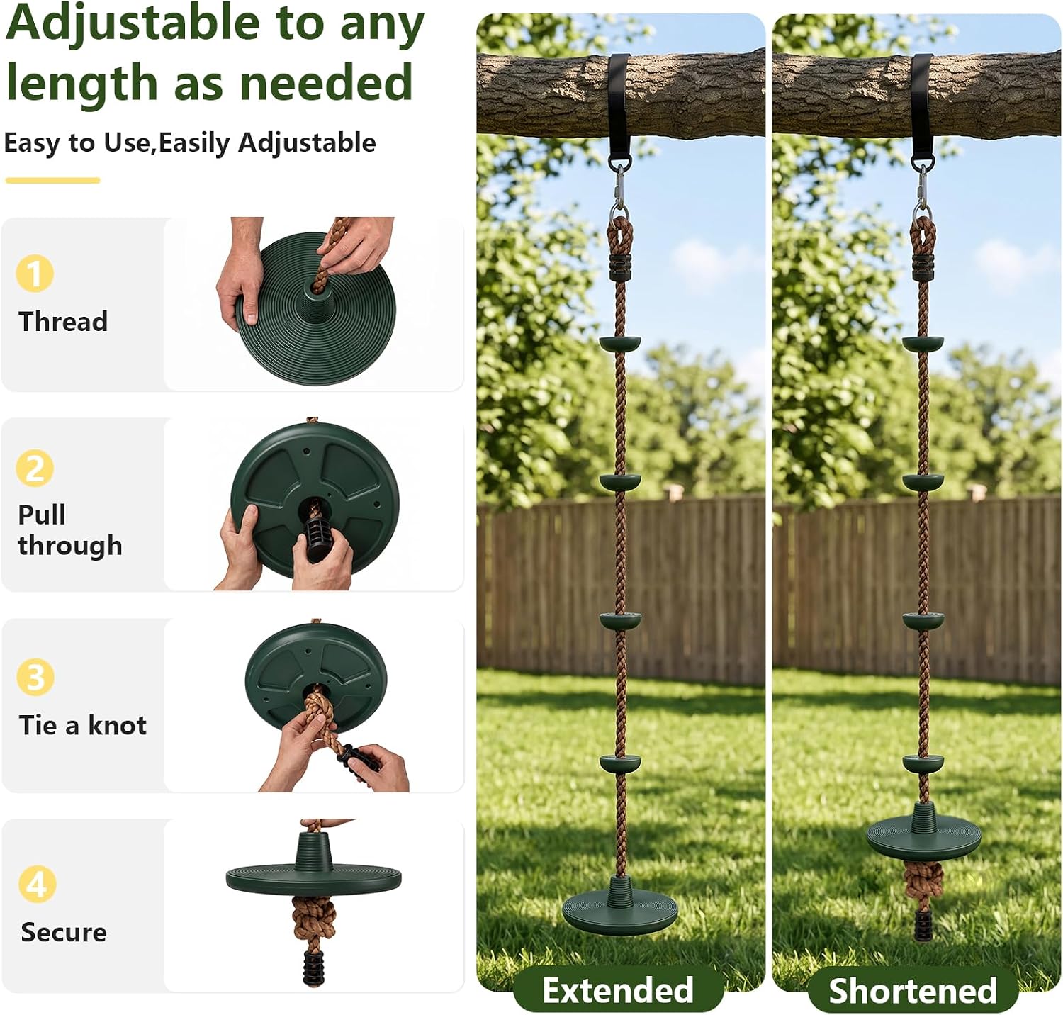 Tree Swing for Kids 110LBS Capacity, Climbing Rope with Platforms and Disc Swing Seat Set with Hanging Strap for Outdoor Backyard Playground, Green image 5