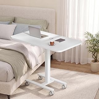 Höhenverstellbarer Schreibtisch 100cm Großer Platte, Rollen mit Feststellbremsen, Gasdruckfeder, stabil C förmiger Laptoptisch, mobiler Sofatisch für Wohnzimmer, Schlafzimmer, Office,Weiß