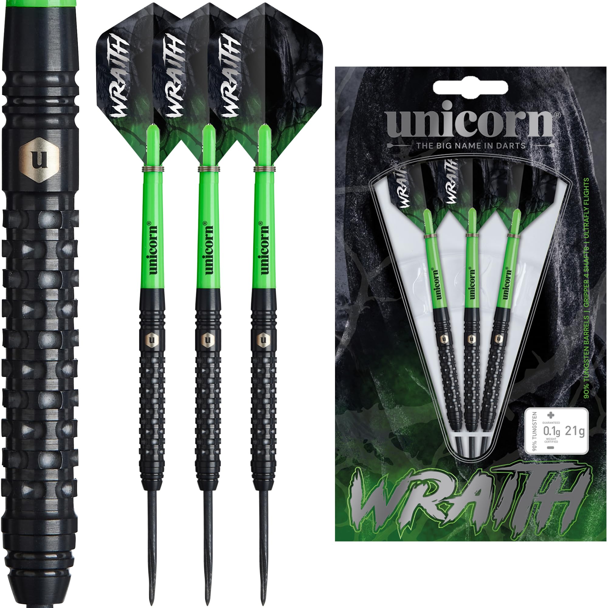 Unicorn Darts Set | Wraith | 90% Tungsten Barrels with Complex Milled Grip | Durable 100 Micron Ultrafly Flights | Black Steel Tip Volute Points | 23 g