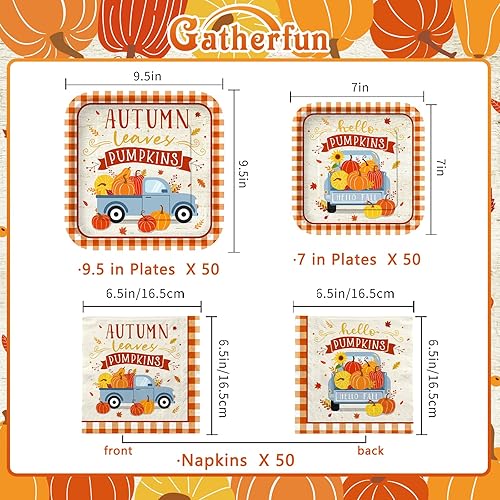 Miniatura 2 de Kit de suministros para fiestas temáticas de otoño, sirve para 50: juego completo de vajilla desechable de cosecha de otoño, incluye platos de papel